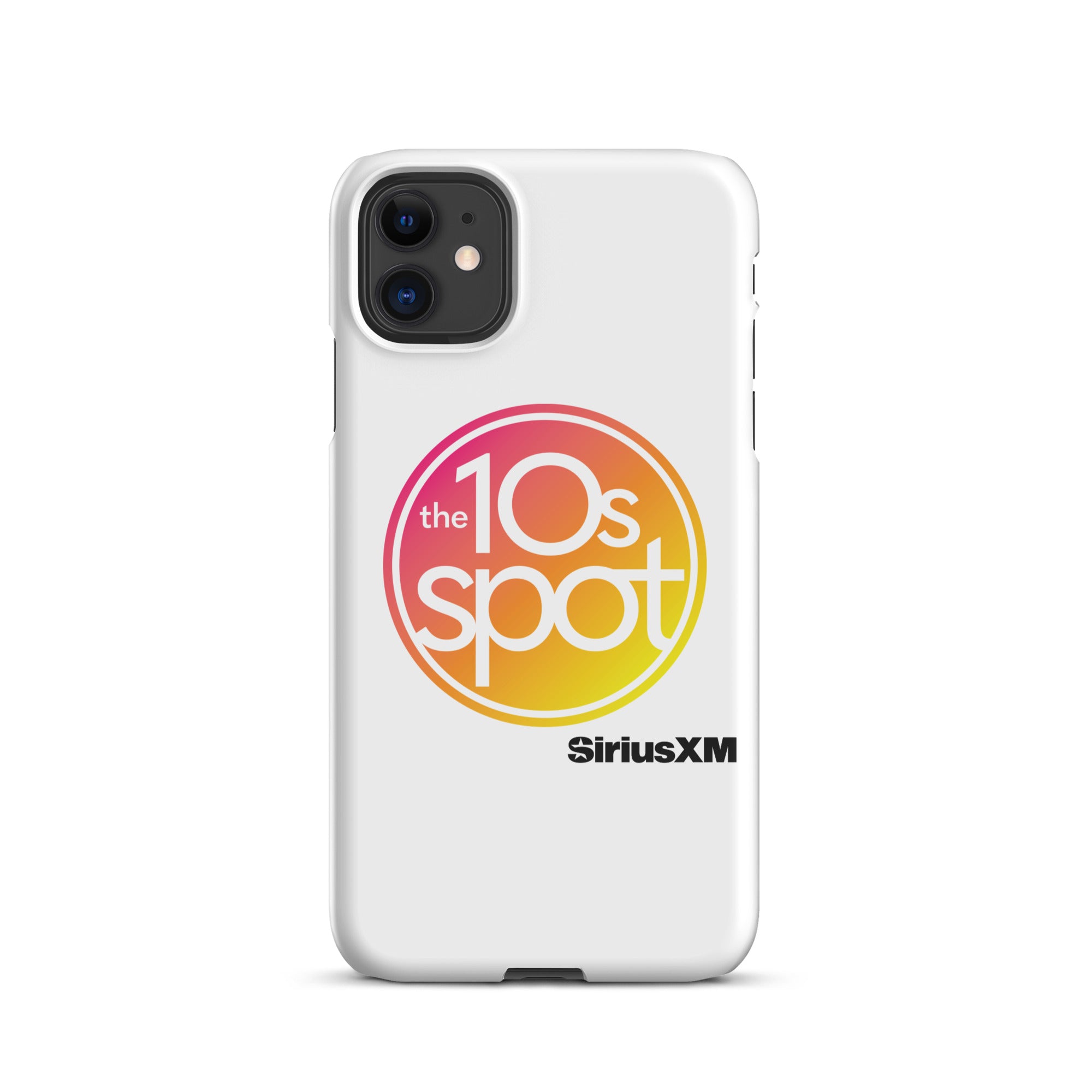 A white phone case featuring 'the 10s Spot' logo with vibrant colors and 'SiriusXM' branding.