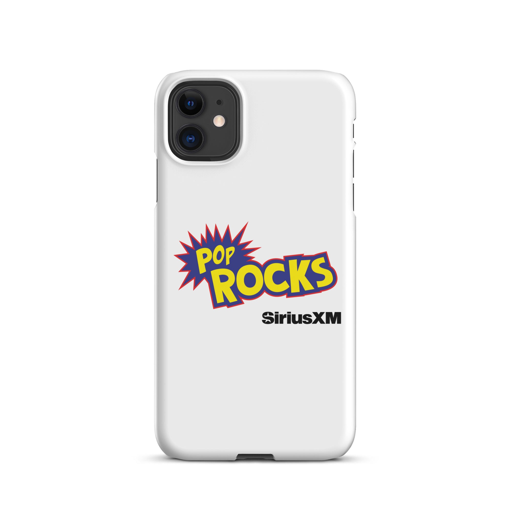 White phone case featuring 'POP ROCKS' logo with a burst design and 'SiriusXM' logo.