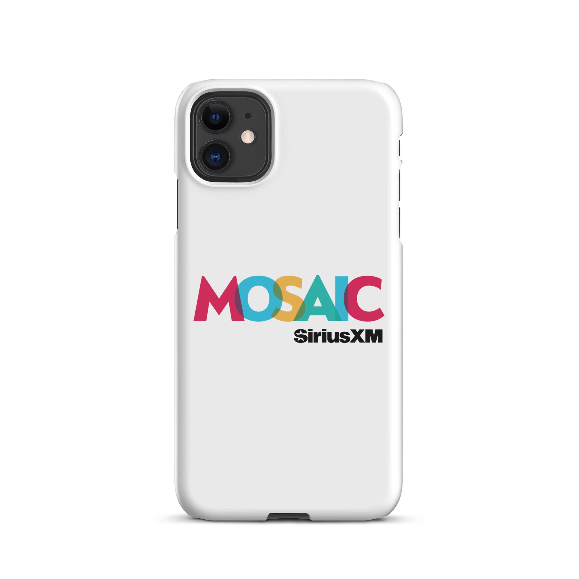 White phone case featuring the colorful text 'MOSAIC' and 'SiriusXM' logo.