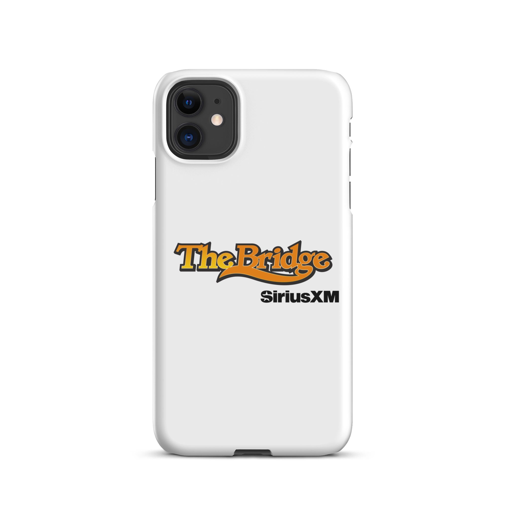 White phone case featuring the logos for 'The Bridge' and 'SiriusXM.'