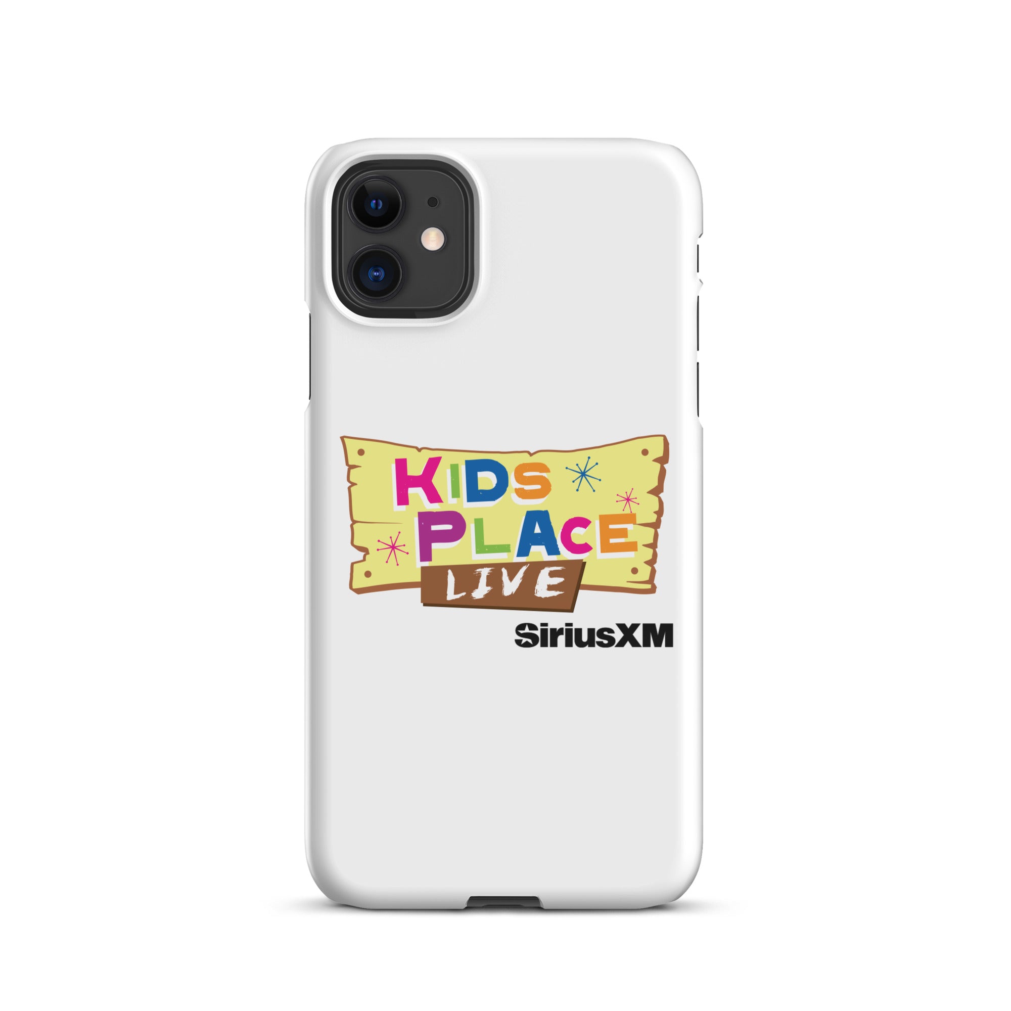 White phone case featuring 'KIDS PLACE LIVE' and 'SiriusXM' logos in colorful, playful design.