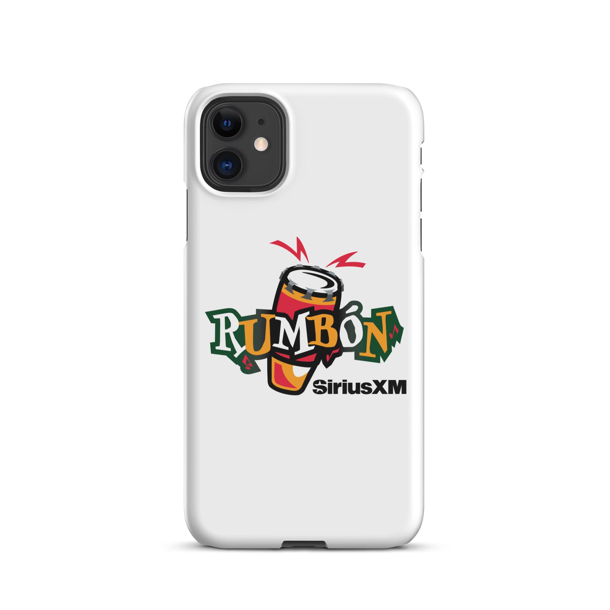 White phone case featuring 'Rumbón' logo with a conga drum and 'SiriusXM' branding.