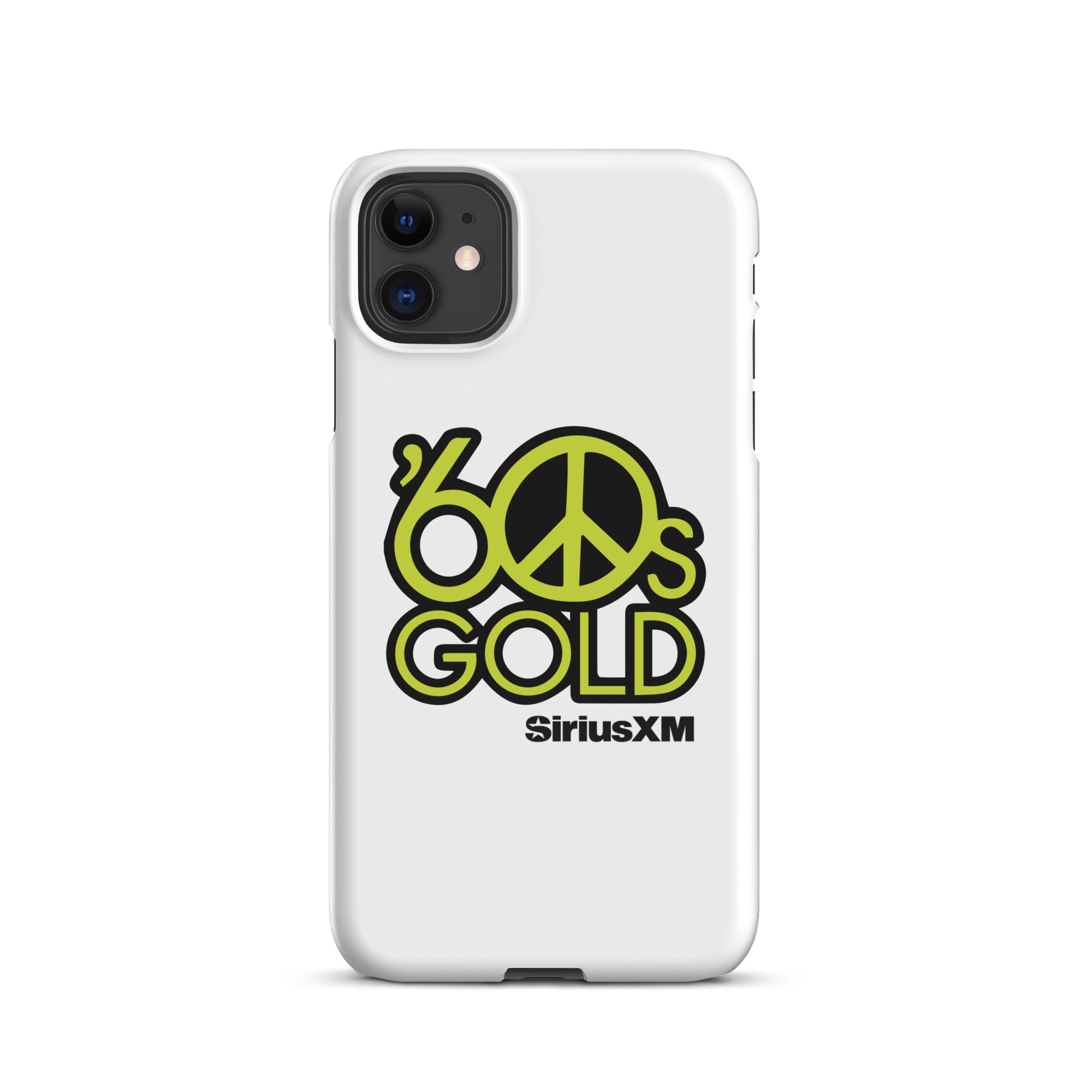 White phone case featuring '60s Gold' logo and peace sign in green, with 'SiriusXM' branding.