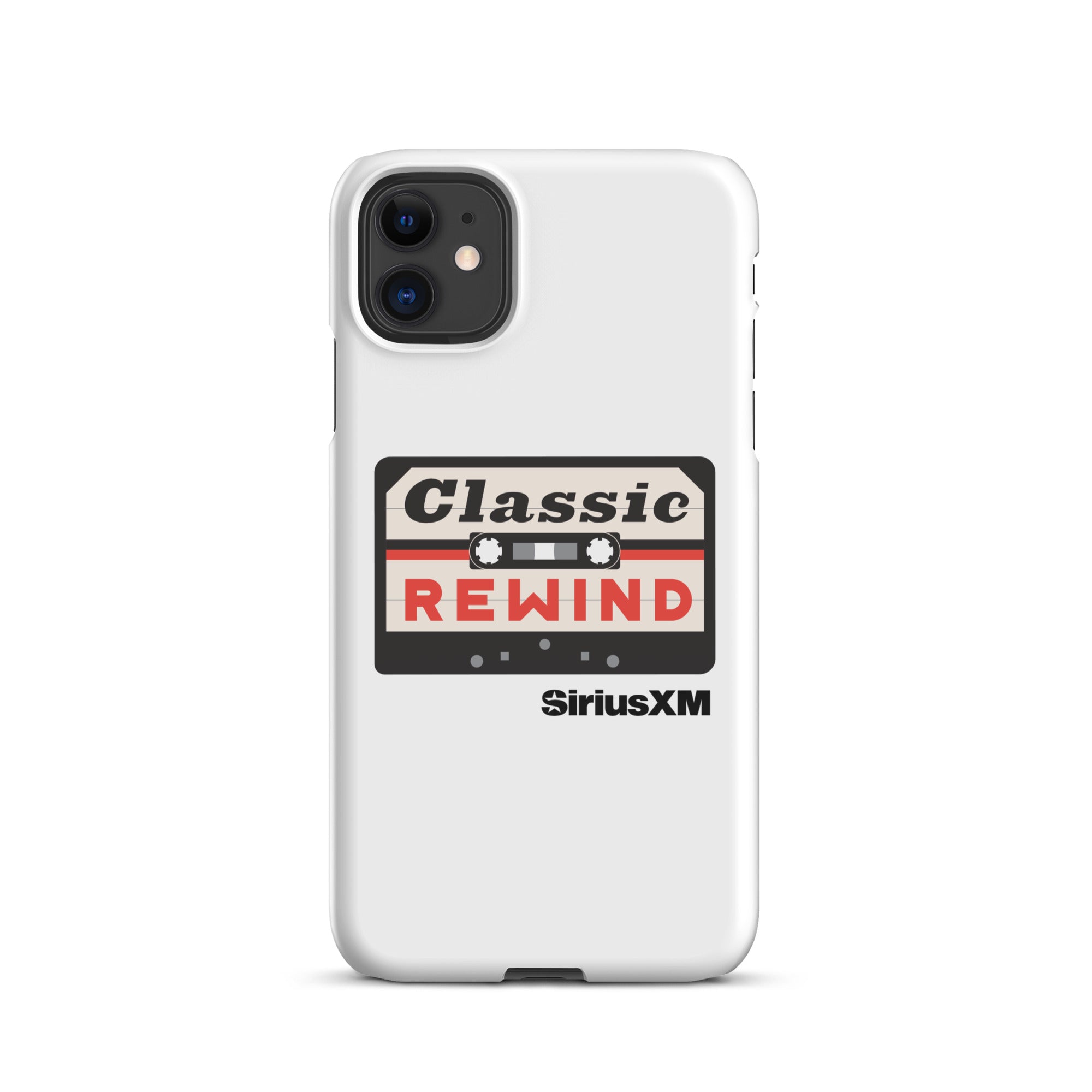 White phone case featuring a cassette tape design with 'Classic REWIND' and 'SiriusXM' logo.