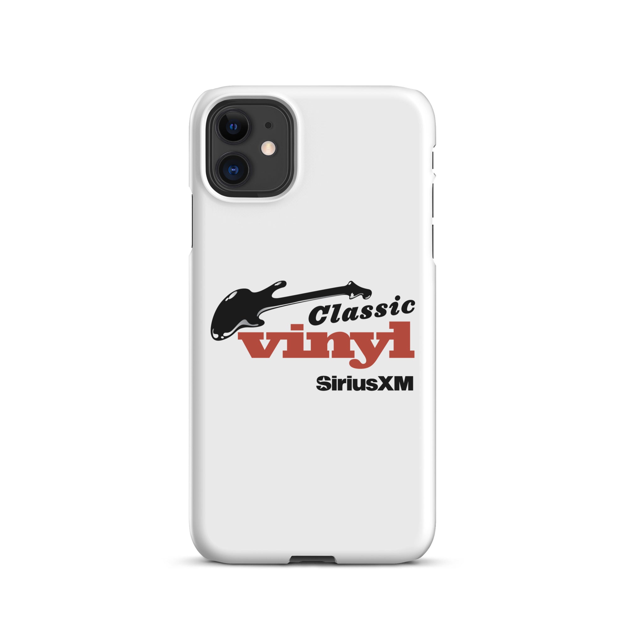 White phone case featuring 'Classic Vinyl' logo and guitar design with 'SiriusXM' branding.