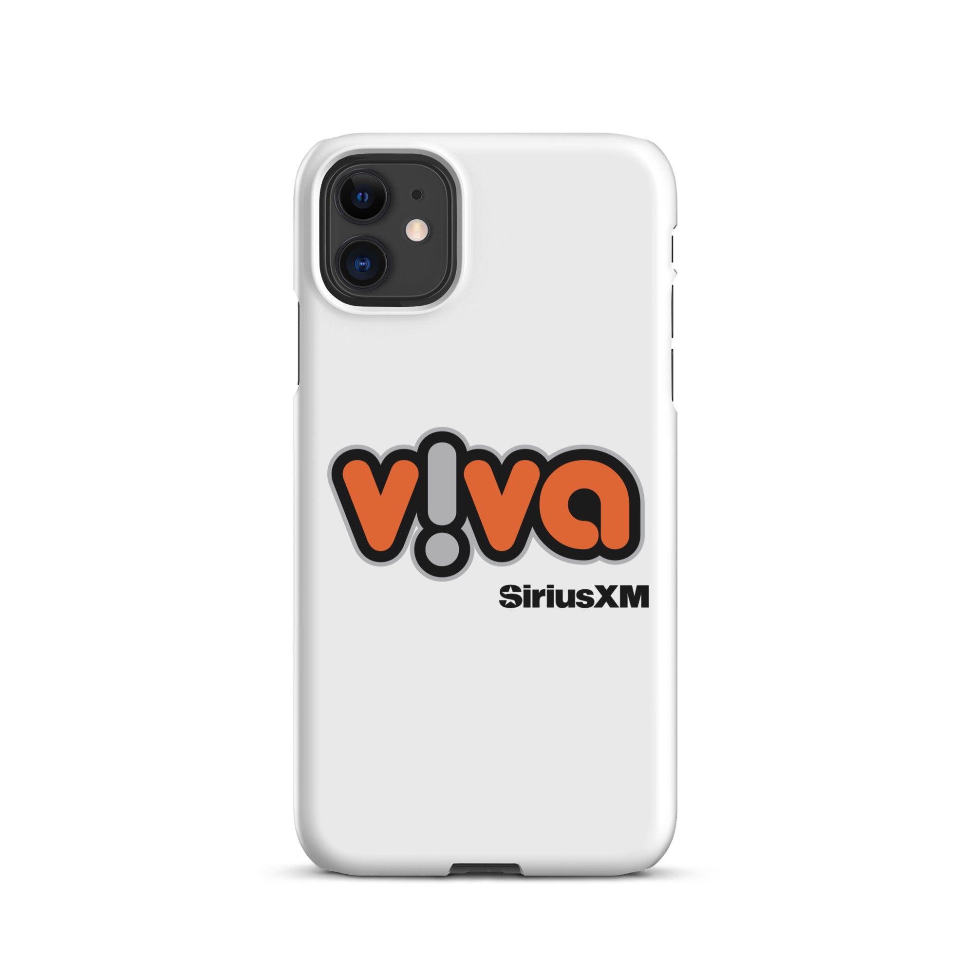 White phone case featuring the 'v!va' logo with 'SiriusXM' branding.