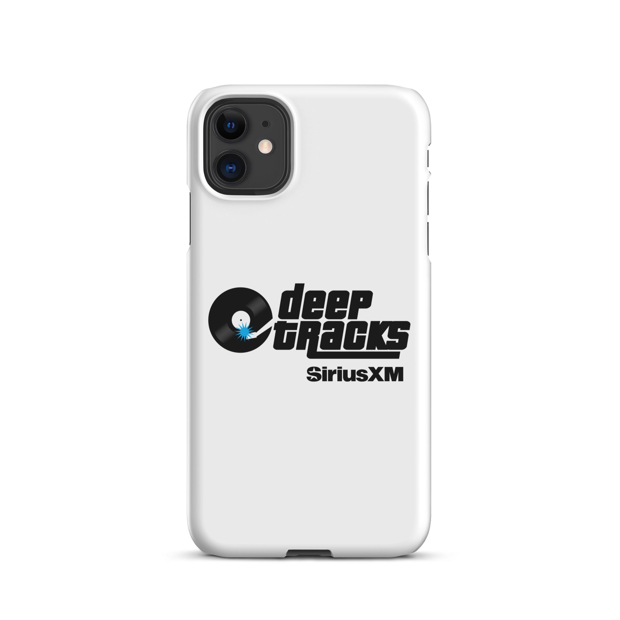 White phone case featuring 'deep TRACKS' and 'SiriusXM' logos with a vinyl record graphic.