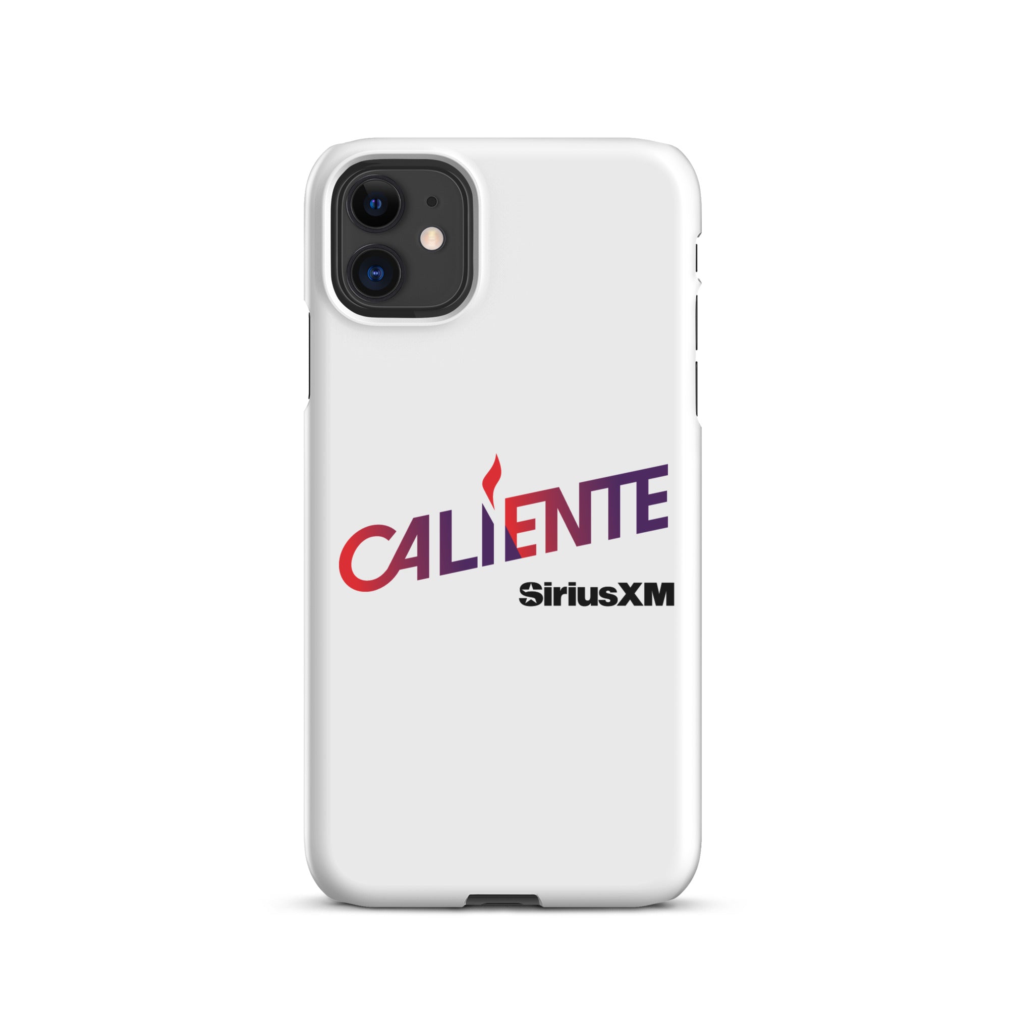 White phone case featuring 'CALIENTE' logo and 'SiriusXM' in bold lettering.