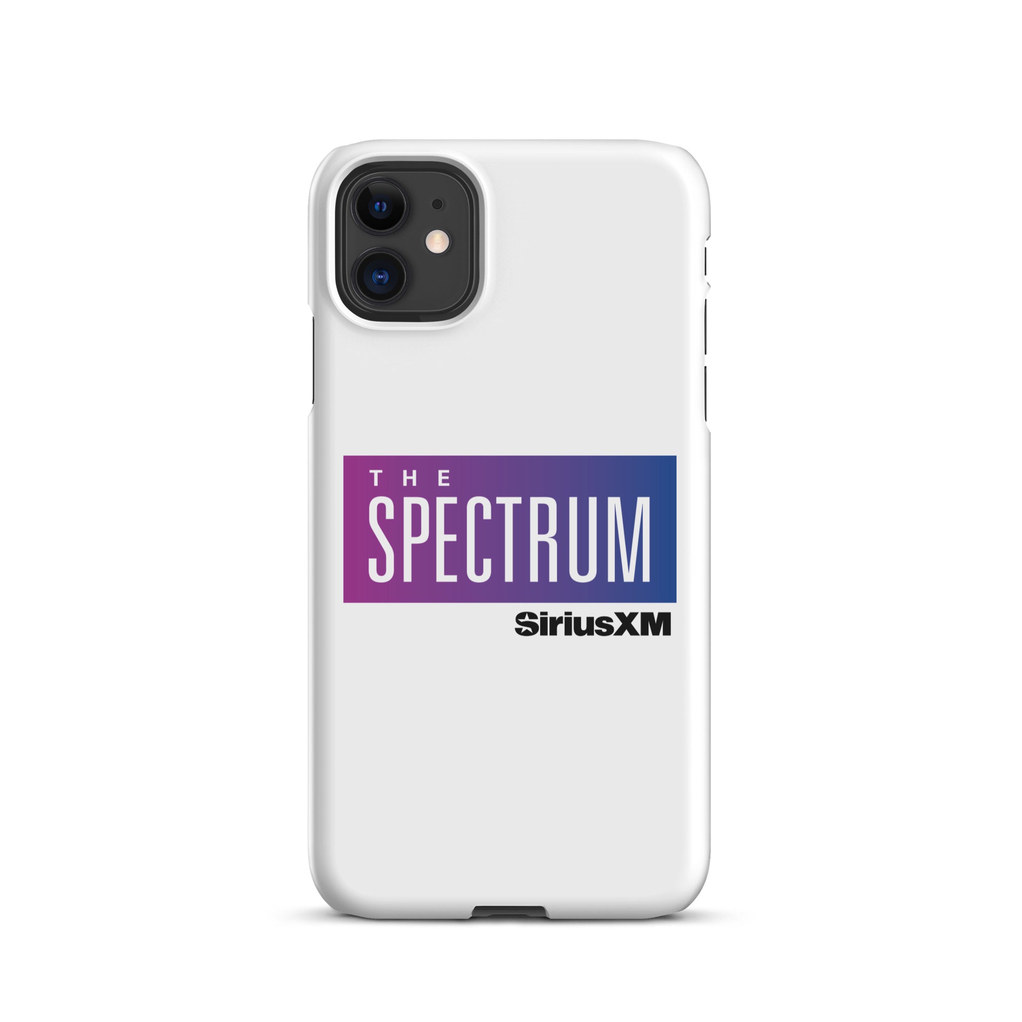 White phone case featuring 'THE SPECTRUM' logo  in gradient blue and purple.and 'SiriusXM' branding.