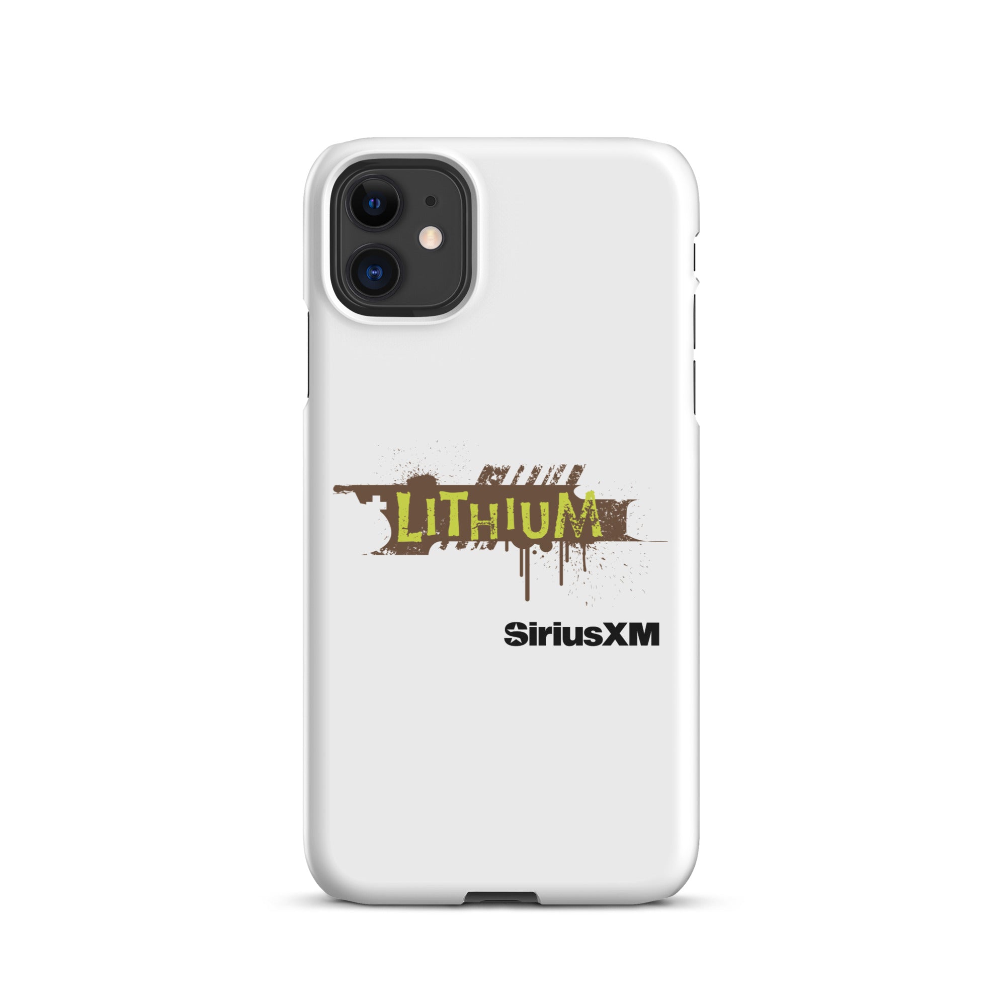 A white phone case featuring the 'LITHIUM' logo in green and brown, with 'SiriusXM' below it.