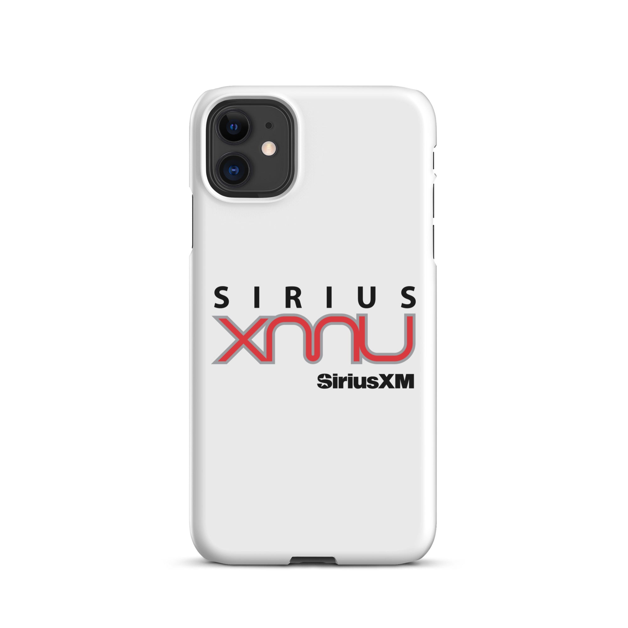 White phone case featuring the 'SiriusXM' logo with 'SIRIUS XMU' text in black and red.