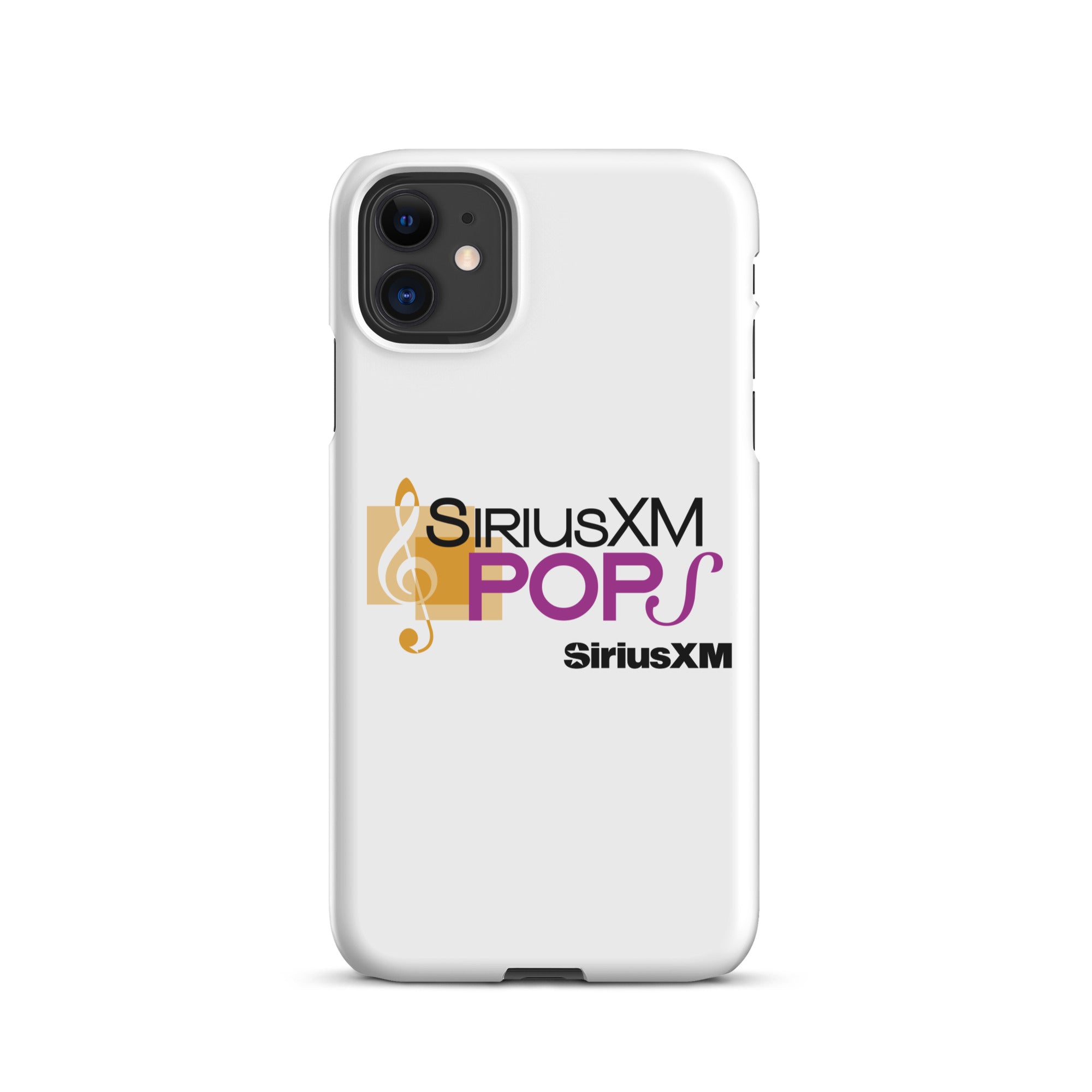 A white phone case featuring the 'SiriusXM POPS' logo in purple with a gold musical note design and 'SiriusXM' branding.