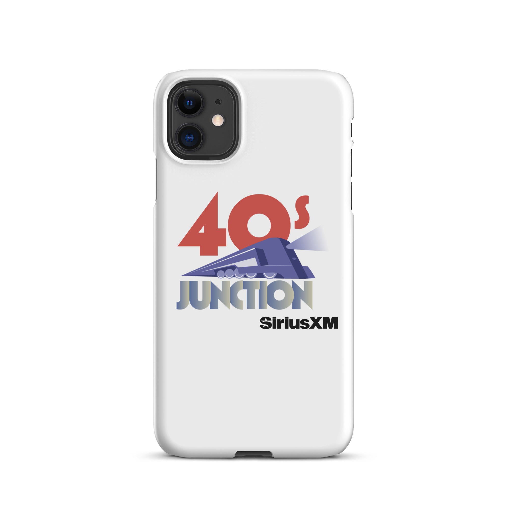 White phone case featuring the text '40s Junction' and a blue train graphic, with 'SiriusXM' logo below.