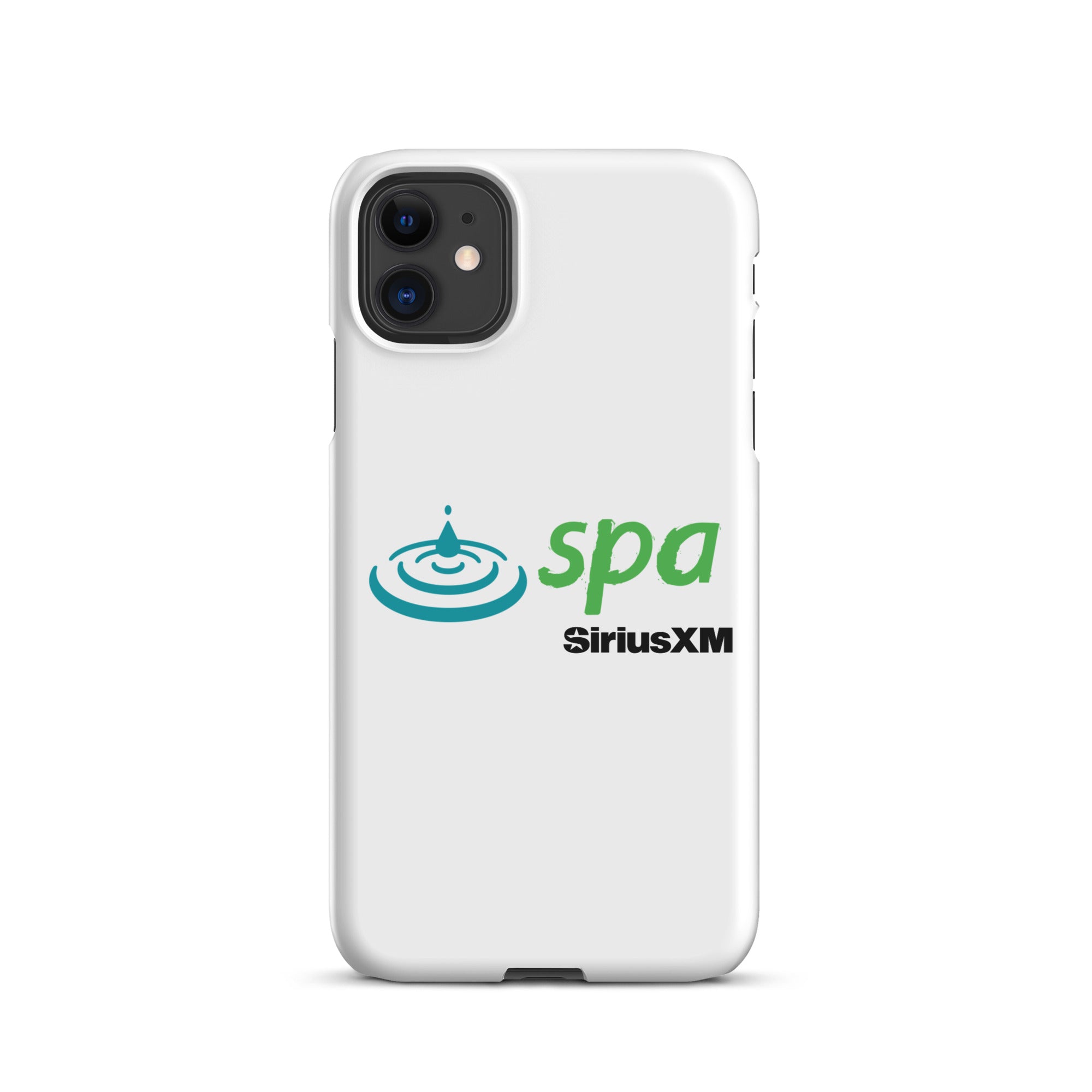 A white phone case featuring the 'spa' logo with a water droplet and ripple design and 'SiriusXM' branding underneath.