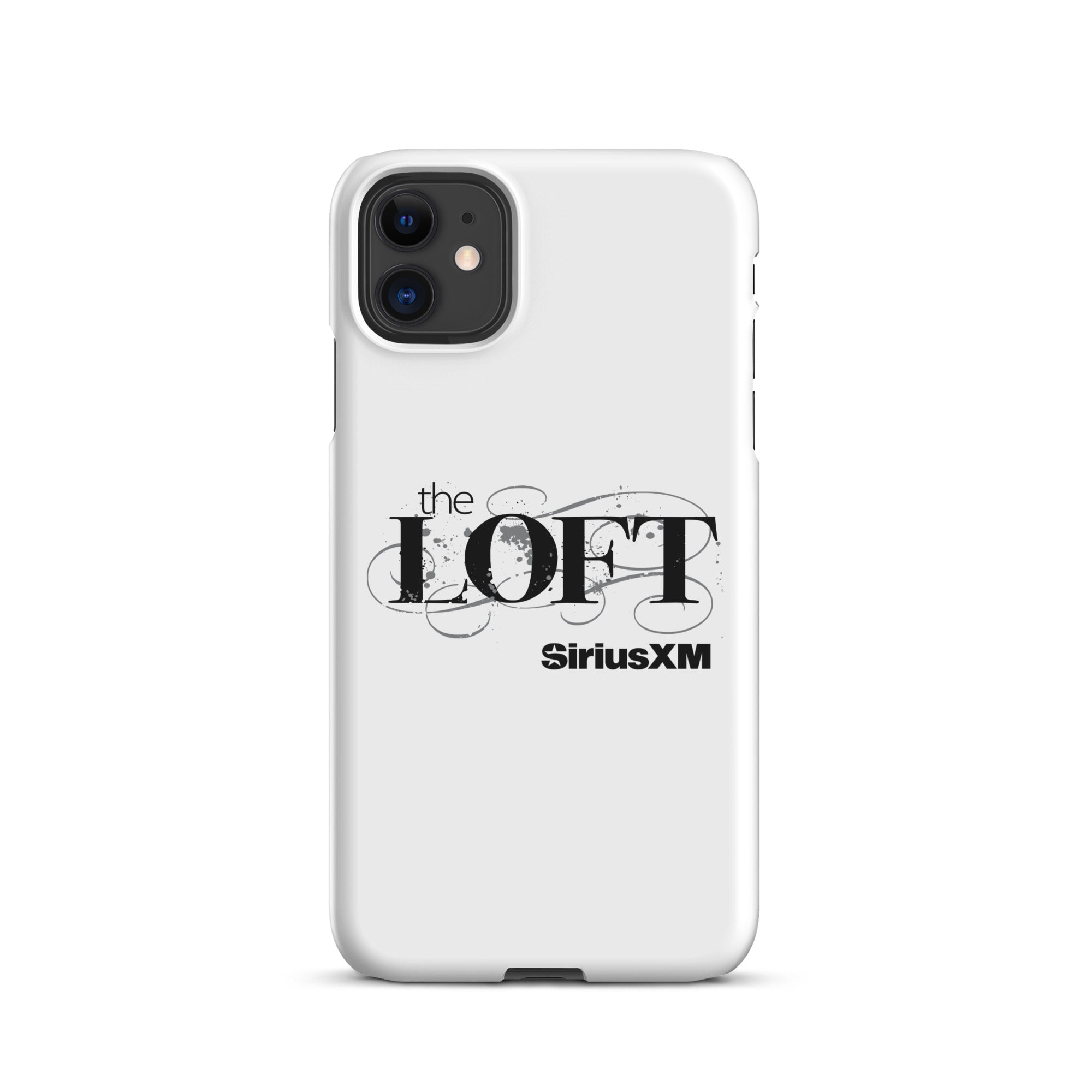 White phone case featuring 'the LOFT' and 'SiriusXM' logos in black text.