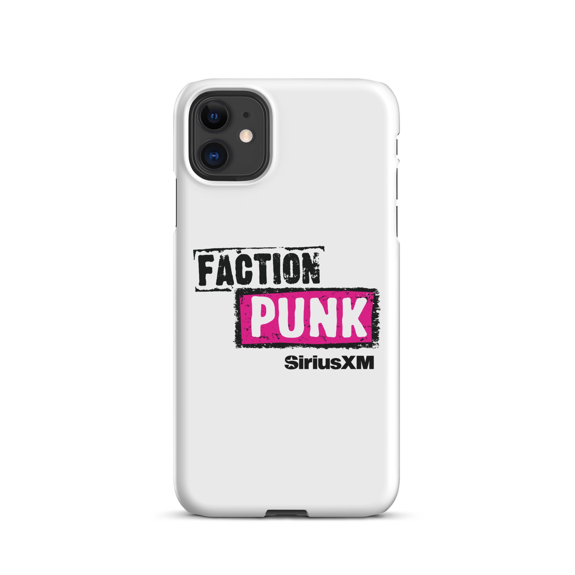 White phone case featuring 'FACTION PUNK' logo in pink and black with 'SiriusXM' branding below.