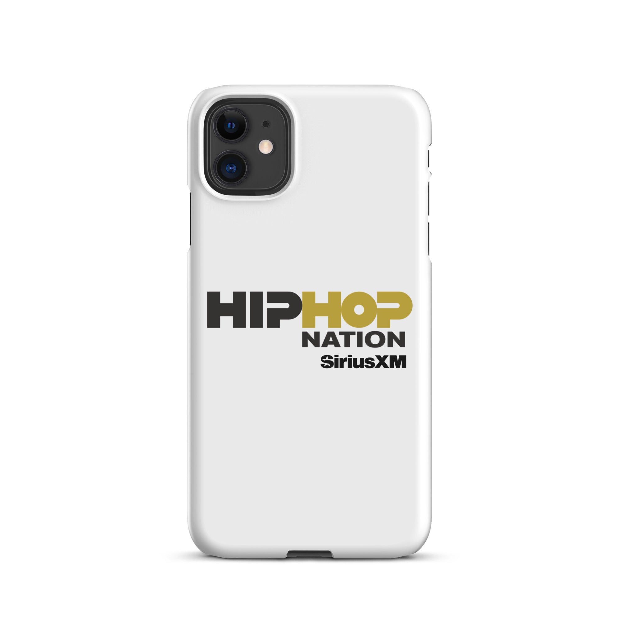 White phone case featuring 'HIPHOP NATION' and 'SiriusXM' logos in black and gold.