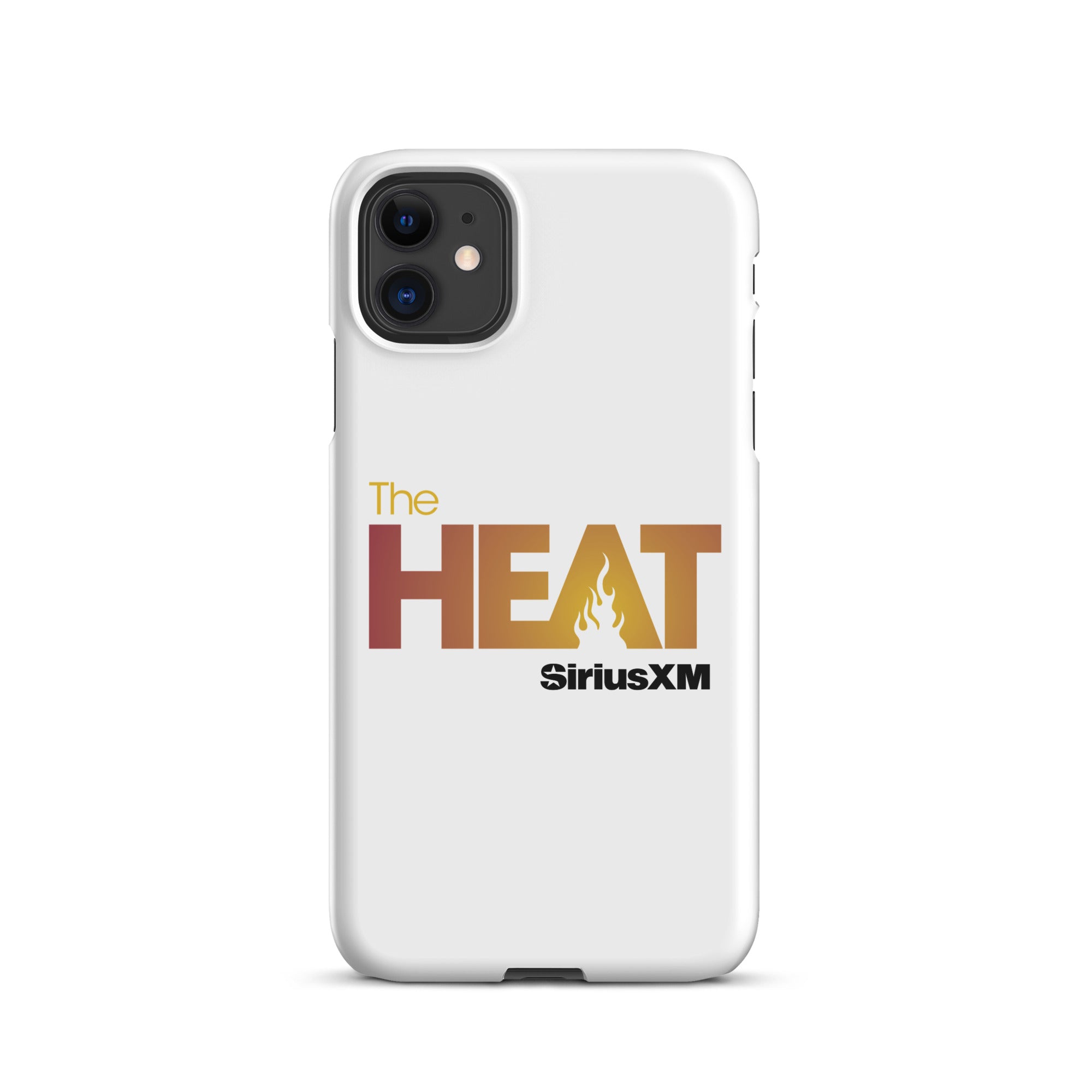 White phone case featuring 'The HEAT' logo with a flame design and 'SiriusXM' logo.