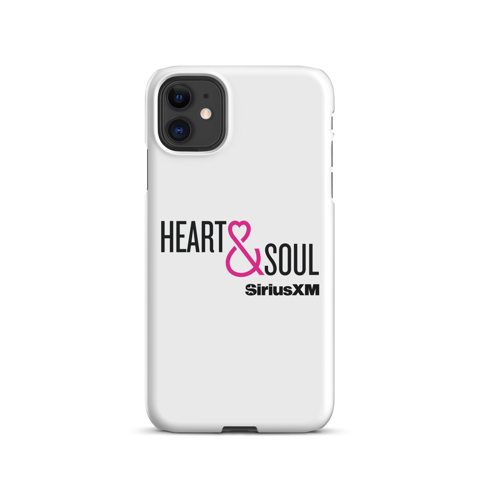 White smartphone case with 'HEART & SOUL' text in black and pink, along with the 'SiriusXM' logo.
