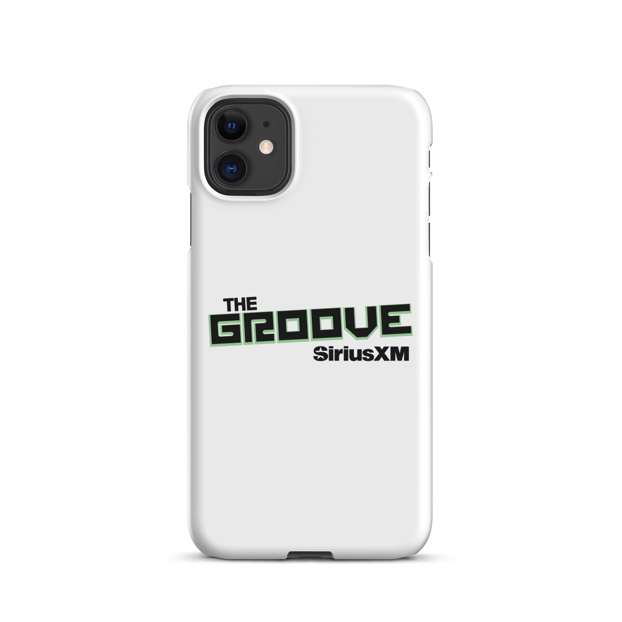 White phone case featuring 'THE GROOVE' and 'SiriusXM' logos in black and green.