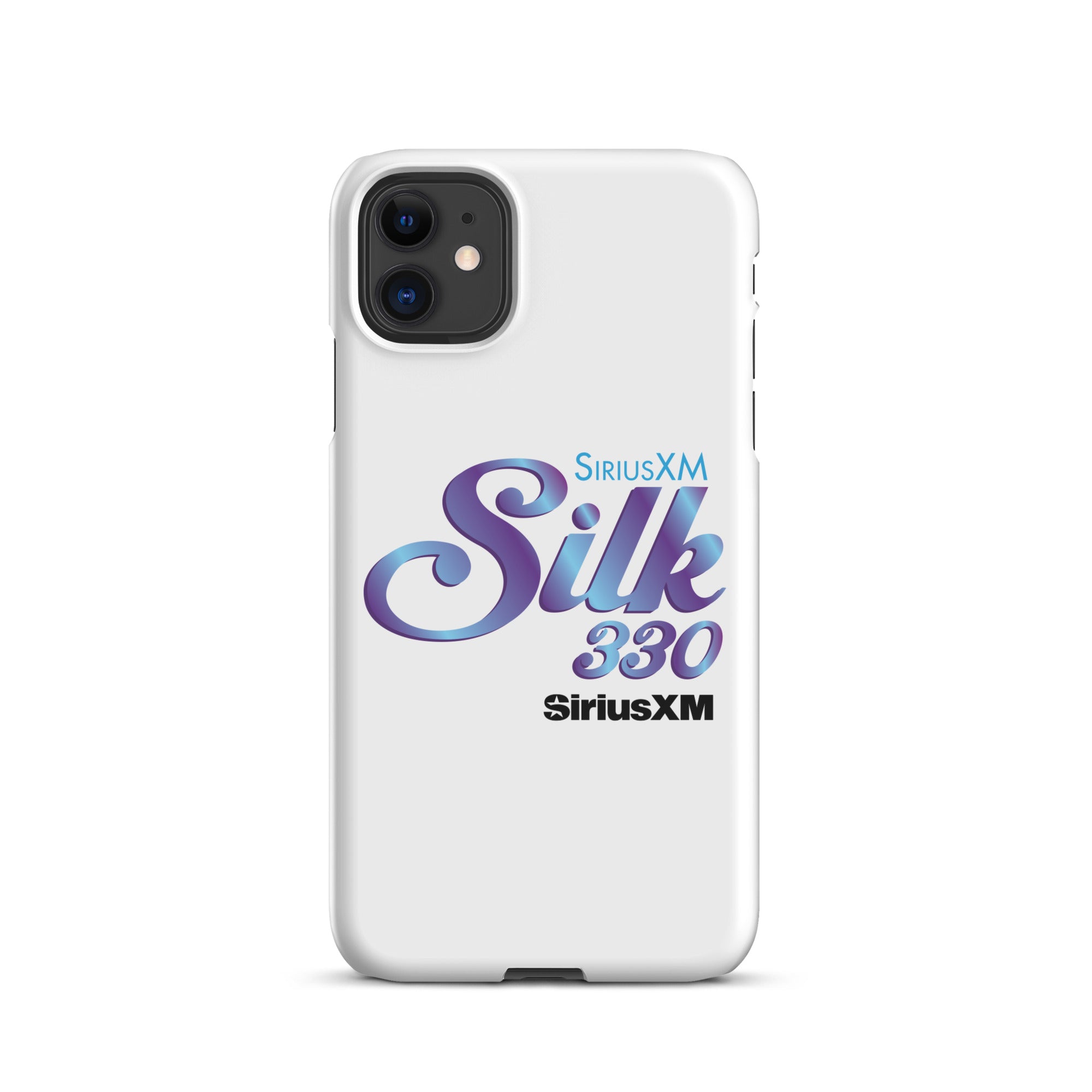 White smartphone case with 'SiriusXM Silk 330' logo in stylized purple and blue lettering and 'SiriusXM' branding.