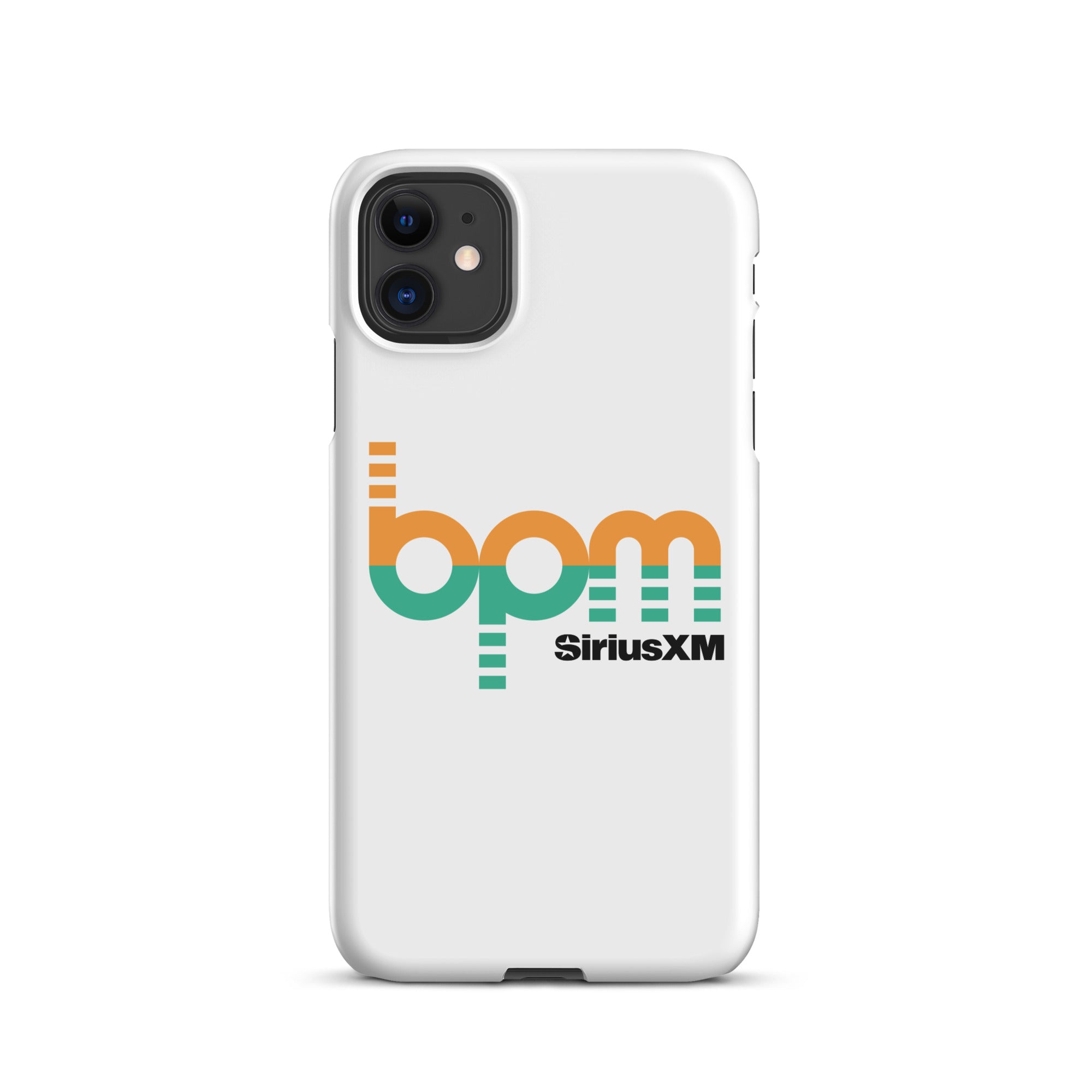 A white phone case featuring the 'BPM' logo in green and orange with 'SiriusXM' branding.