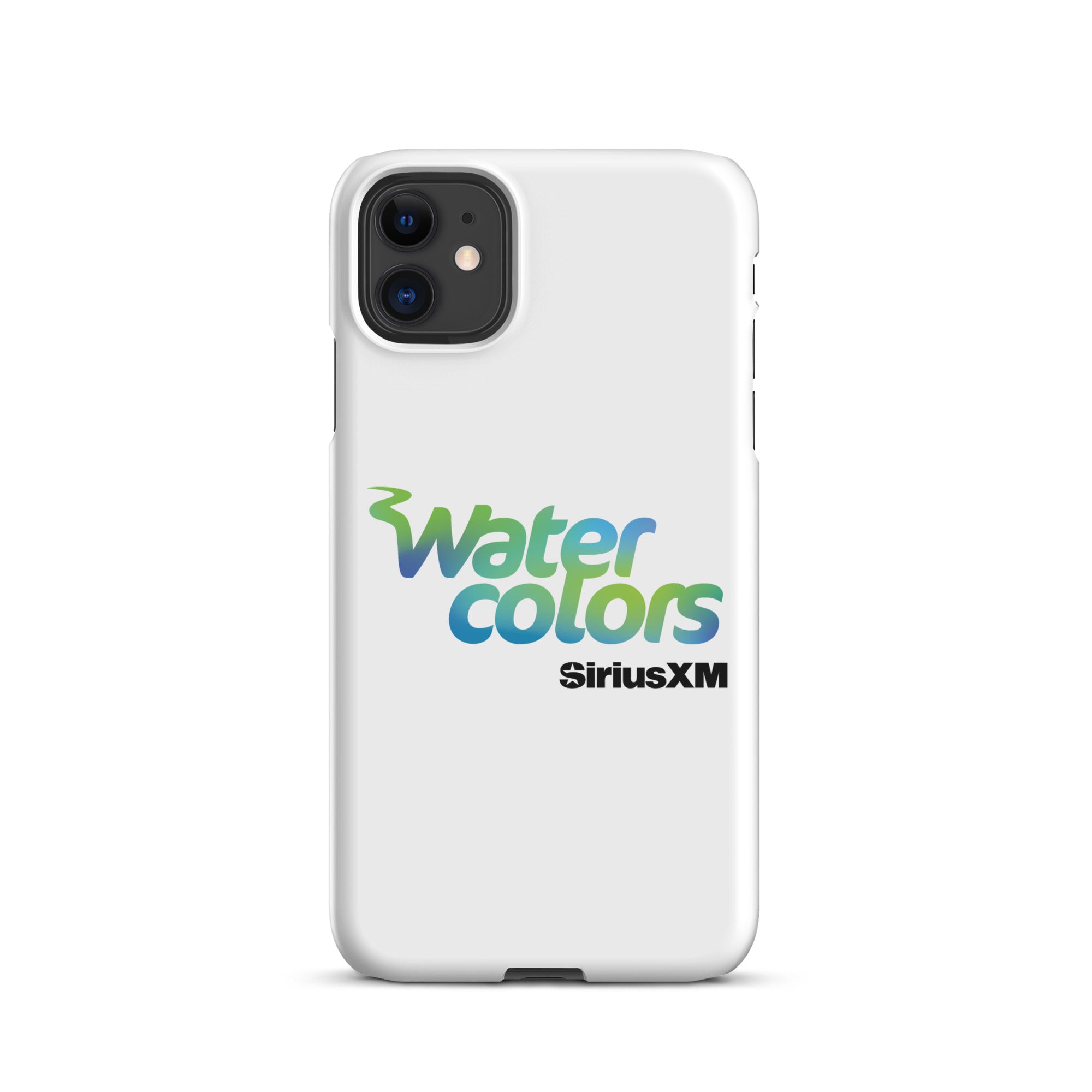 A white phone case featuring the 'Watercolors' logo and 'SiriusXM' branding.