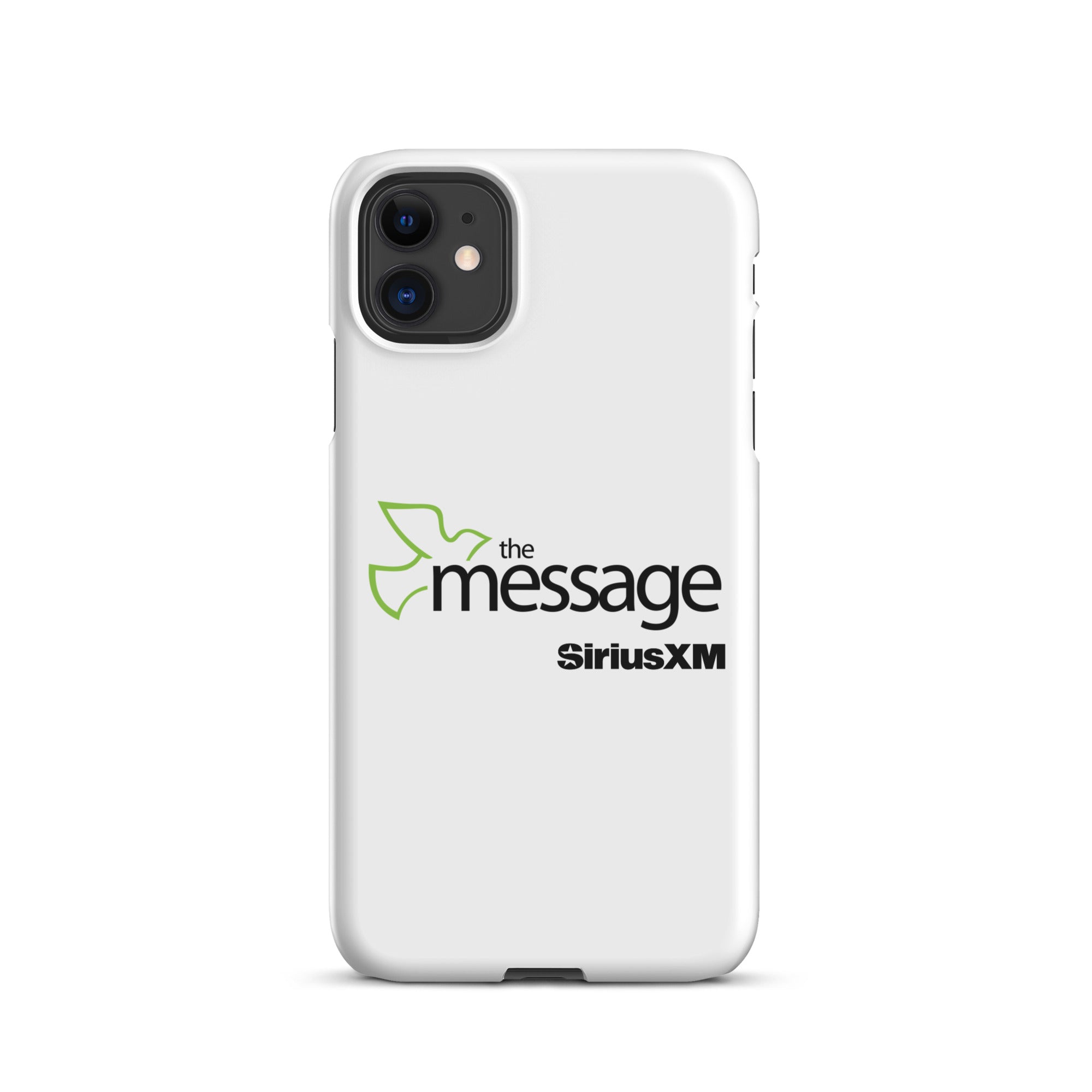 A white phone case featuring 'the message' logo with a green dove and 'SiriusXM' branding.