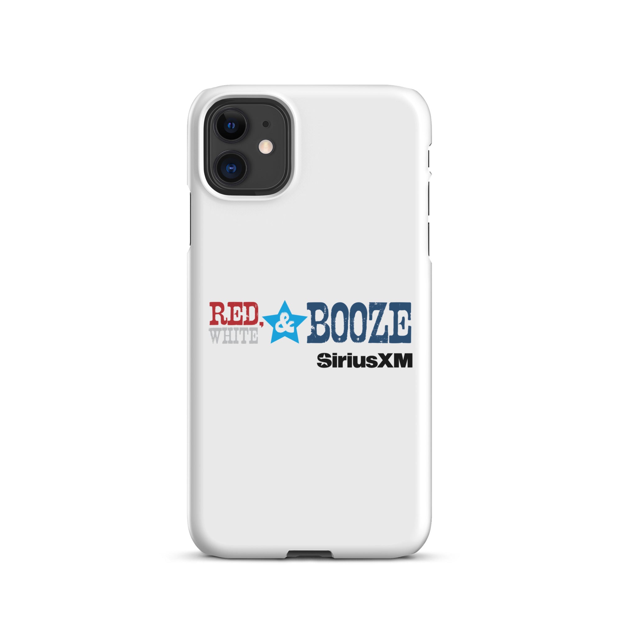 White phone case design with 'RED, WHITE & BOOZE' and 'SiriusXM' logos in red, blue, and black.