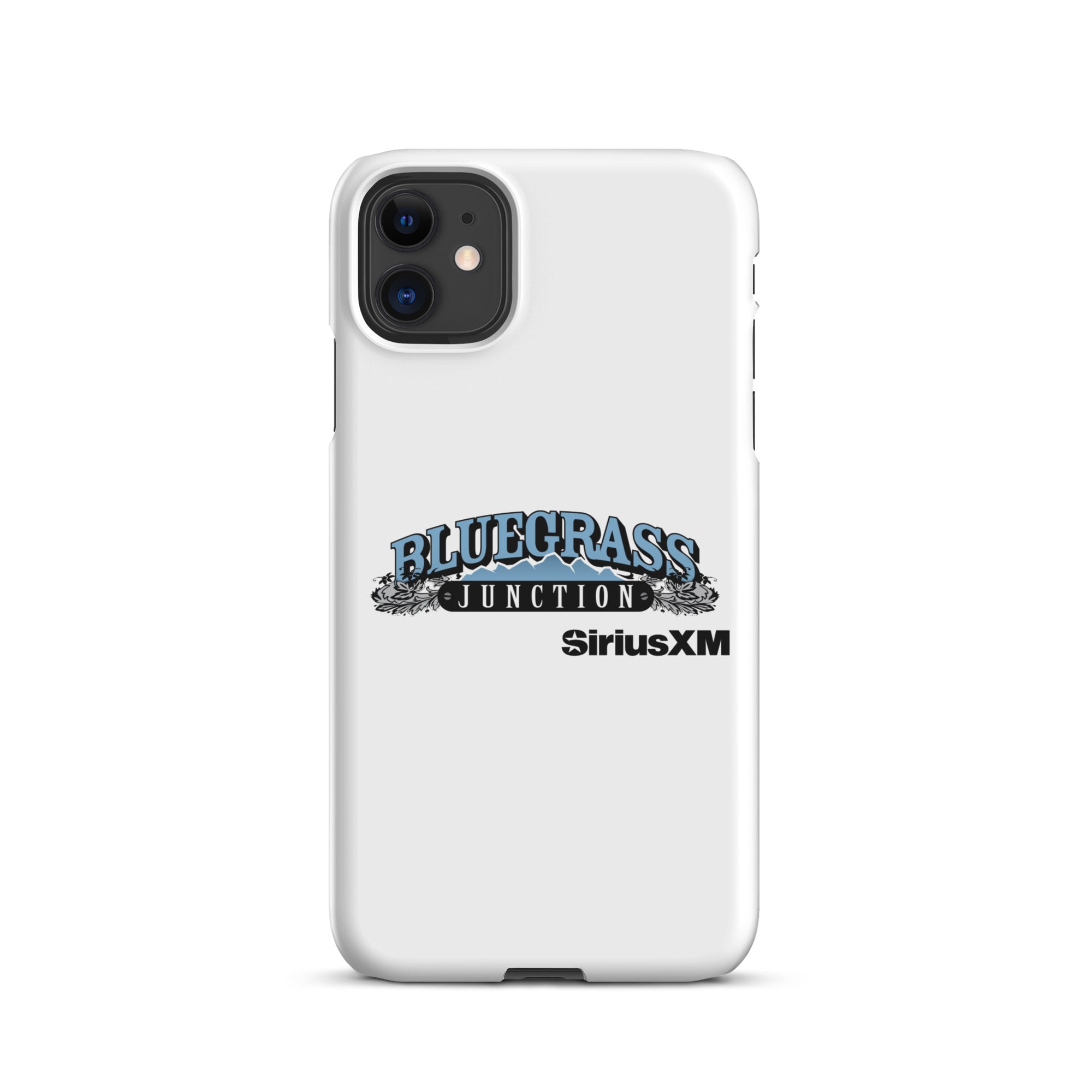 White phone case featuring 'Bluegrass Junction' and 'SiriusXM' logos.