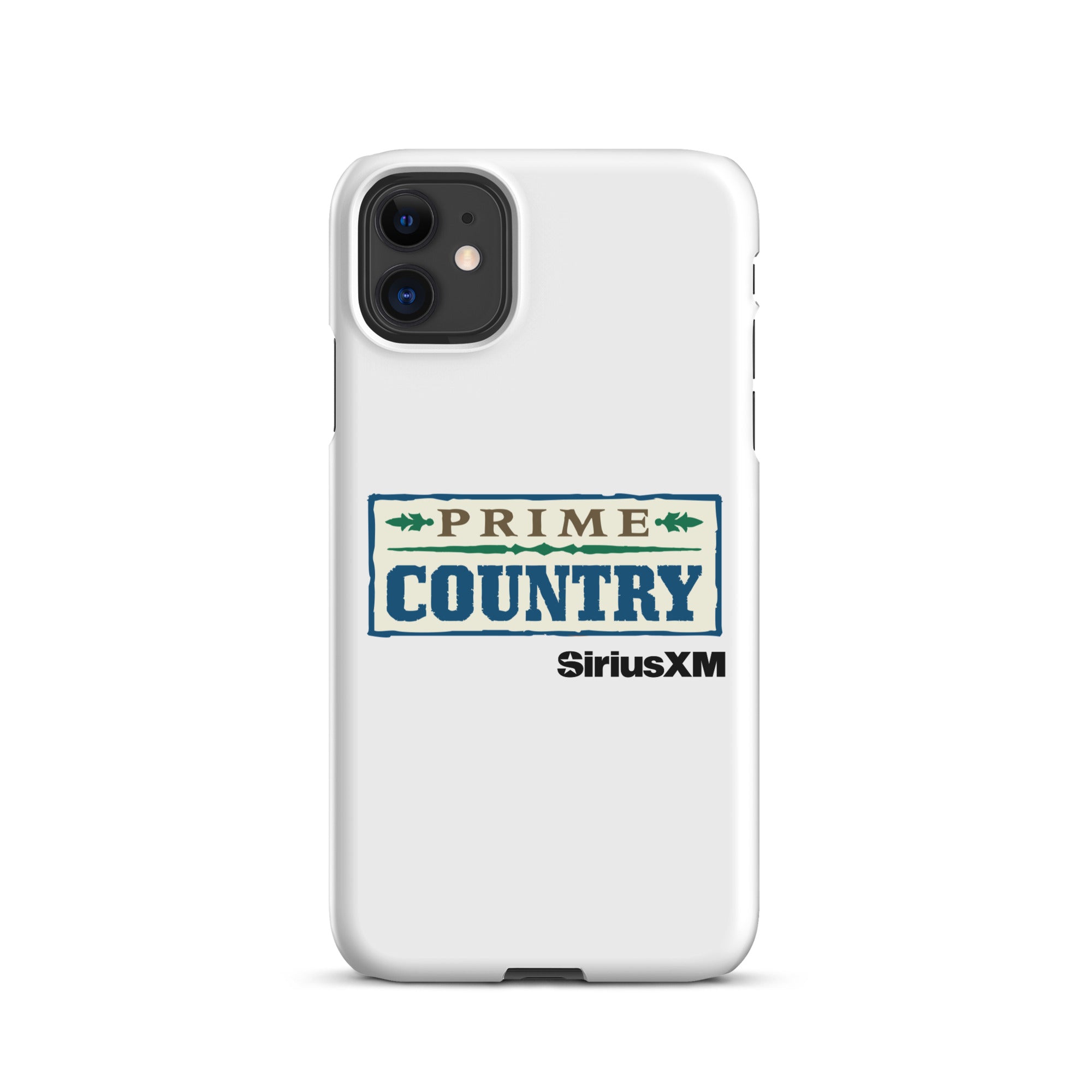 White phone case featuring the 'PRIME COUNTRY' logo and 'SiriusXM' branding.
