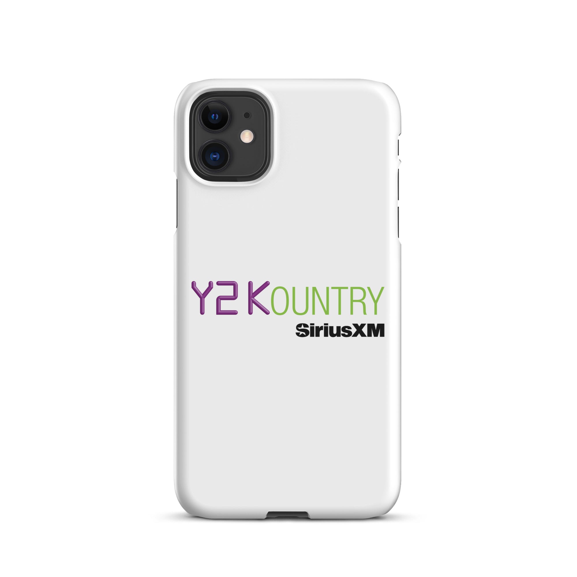 White phone case featuring the text 'Y2KOUNTRY' and 'SiriusXM' in purple and green.