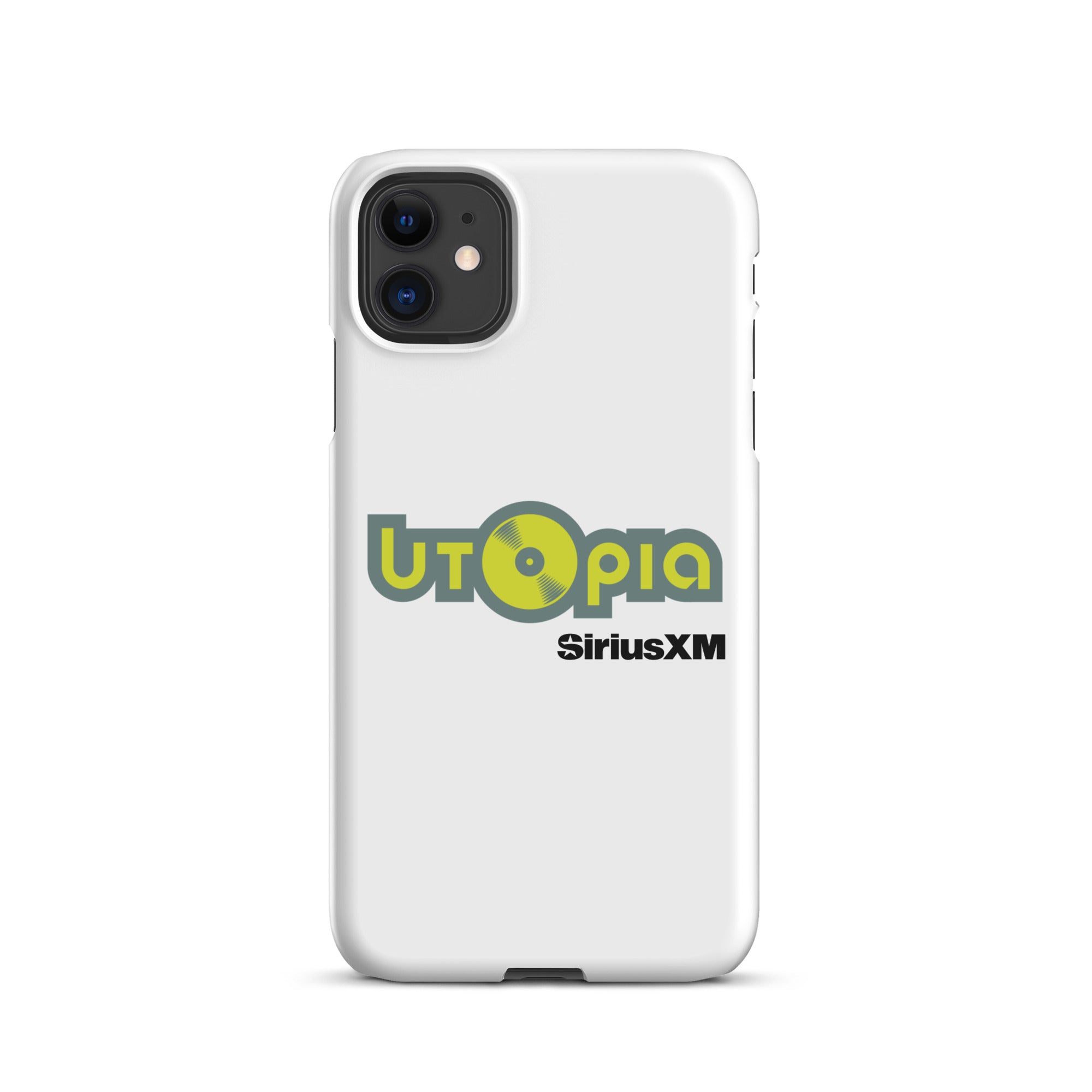 White phone case featuring the logo 'Utopia' with a vinyl record and 'SiriusXM' text.