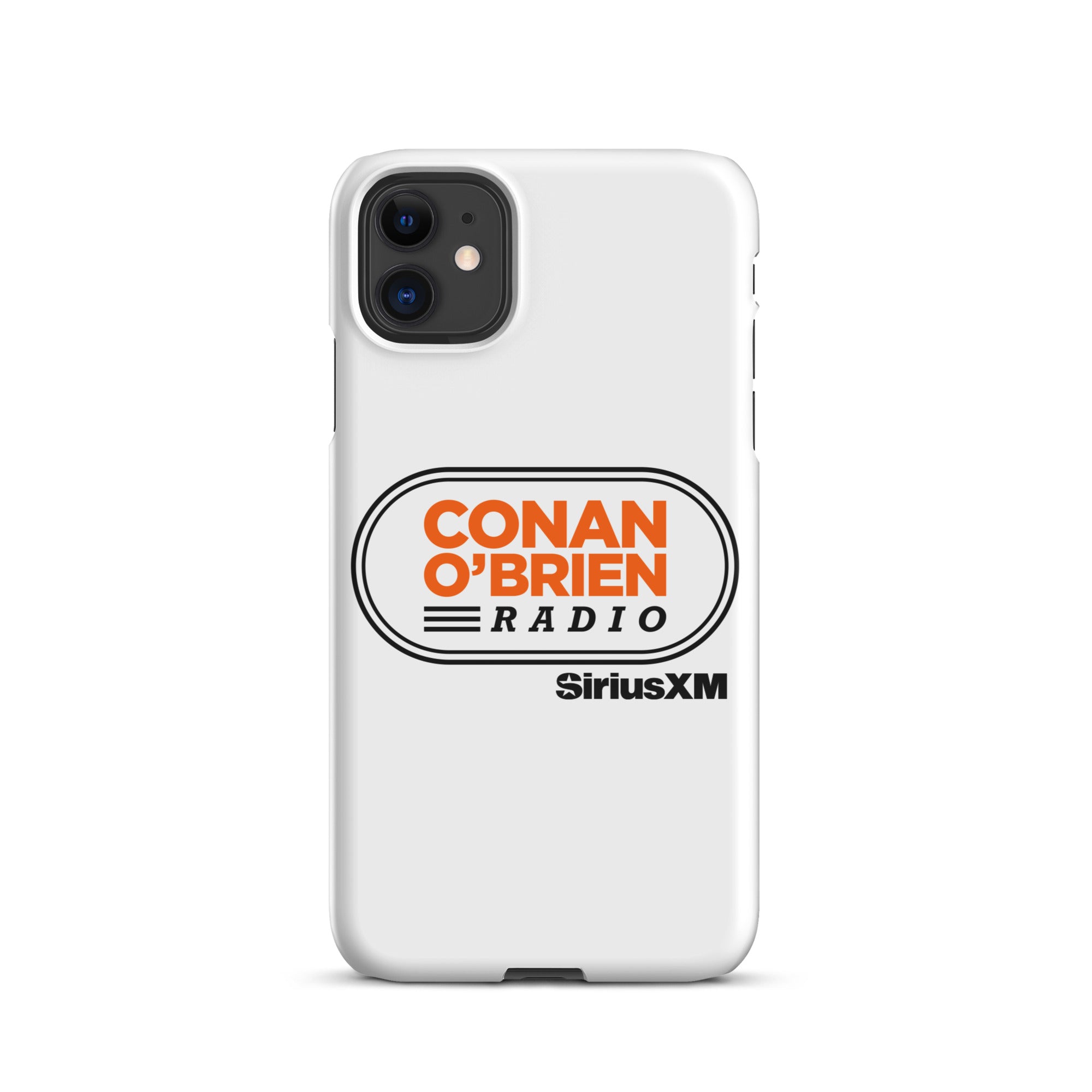 White phone case featuring 'Conan O'Brien Radio' logo and 'SiriusXM' branding.