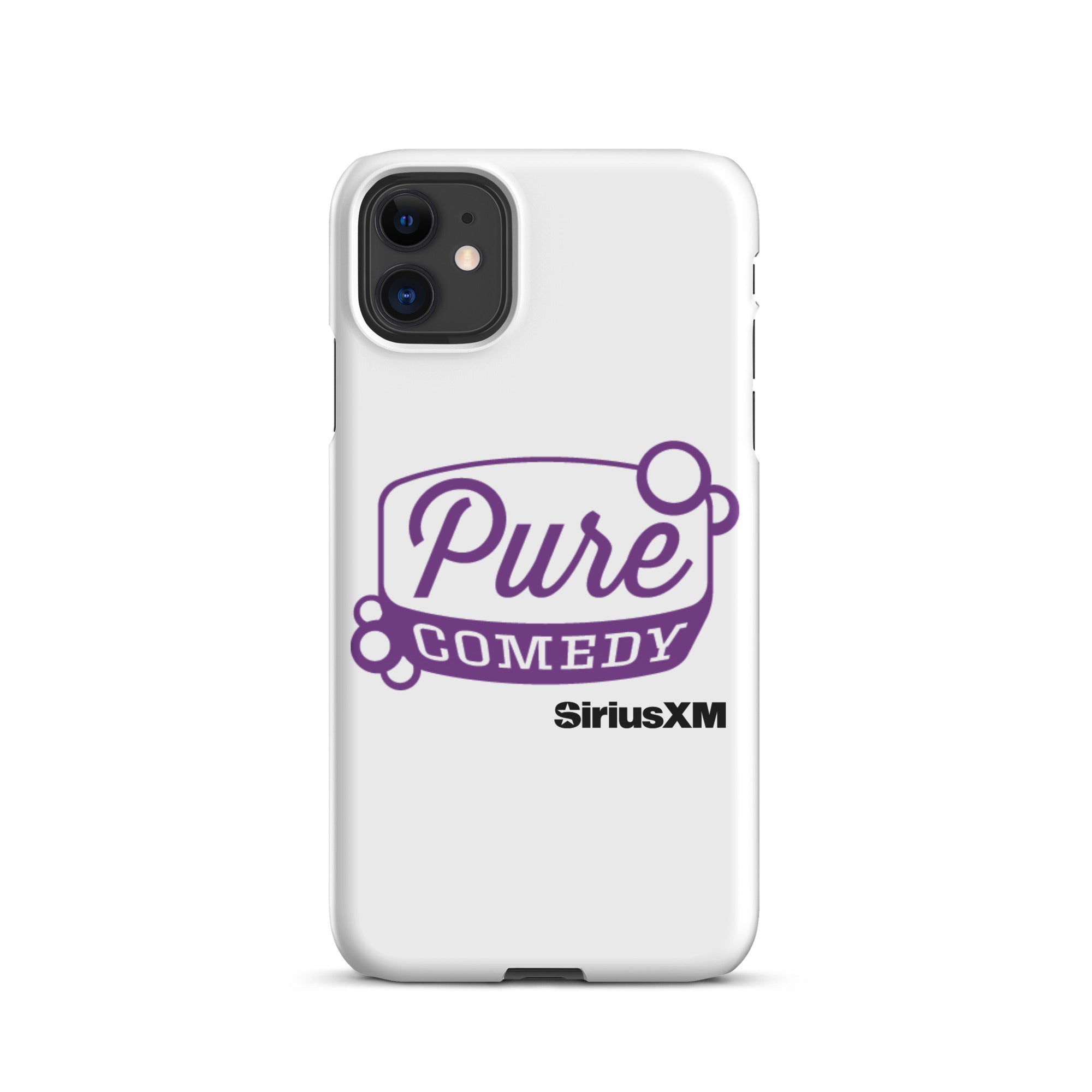 White phone case featuring 'Pure Comedy' in purple and 'SiriusXM' logo.