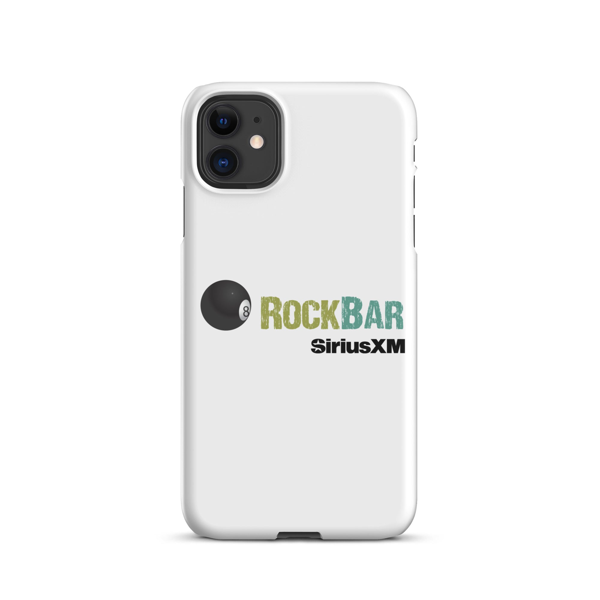 White phone case featuring 'ROCKBAR' logo and 'SiriusXM' branding with an 8-ball graphic.
