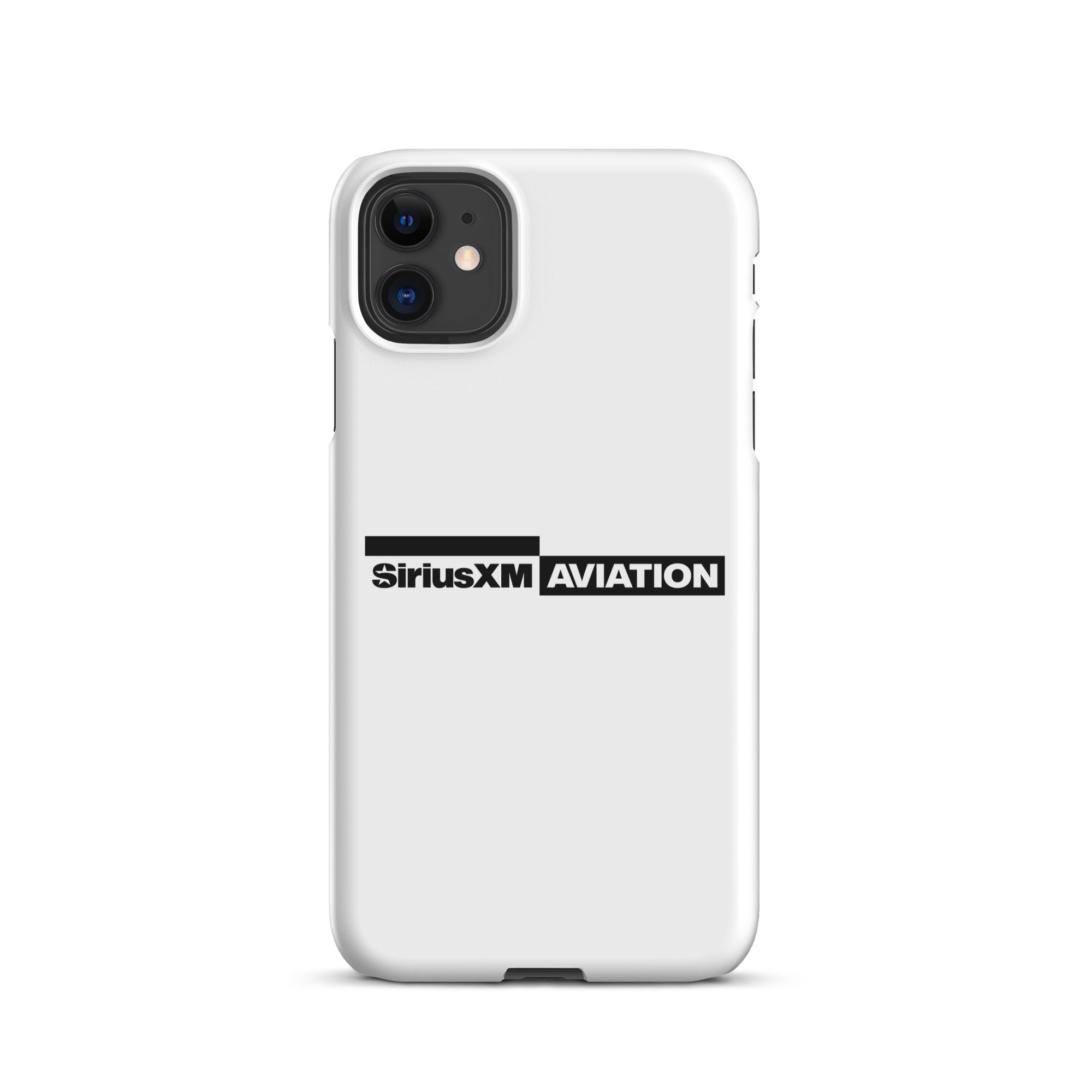 White phone case featuring the SiriusXM Aviation logo in black.