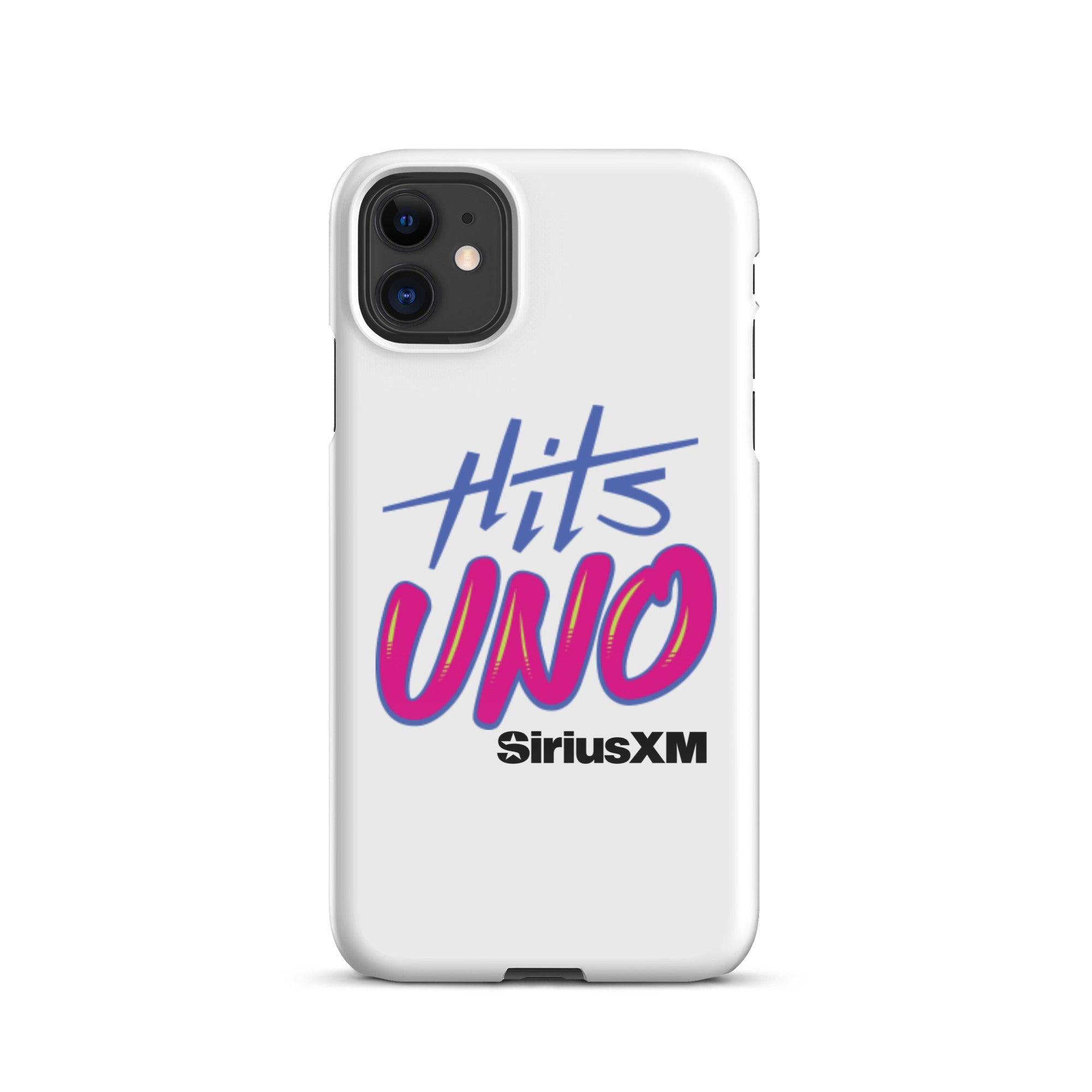 Phone case design featuring 'Hits UNO' and 'SiriusXM' in vibrant blue and pink colors on a white background.