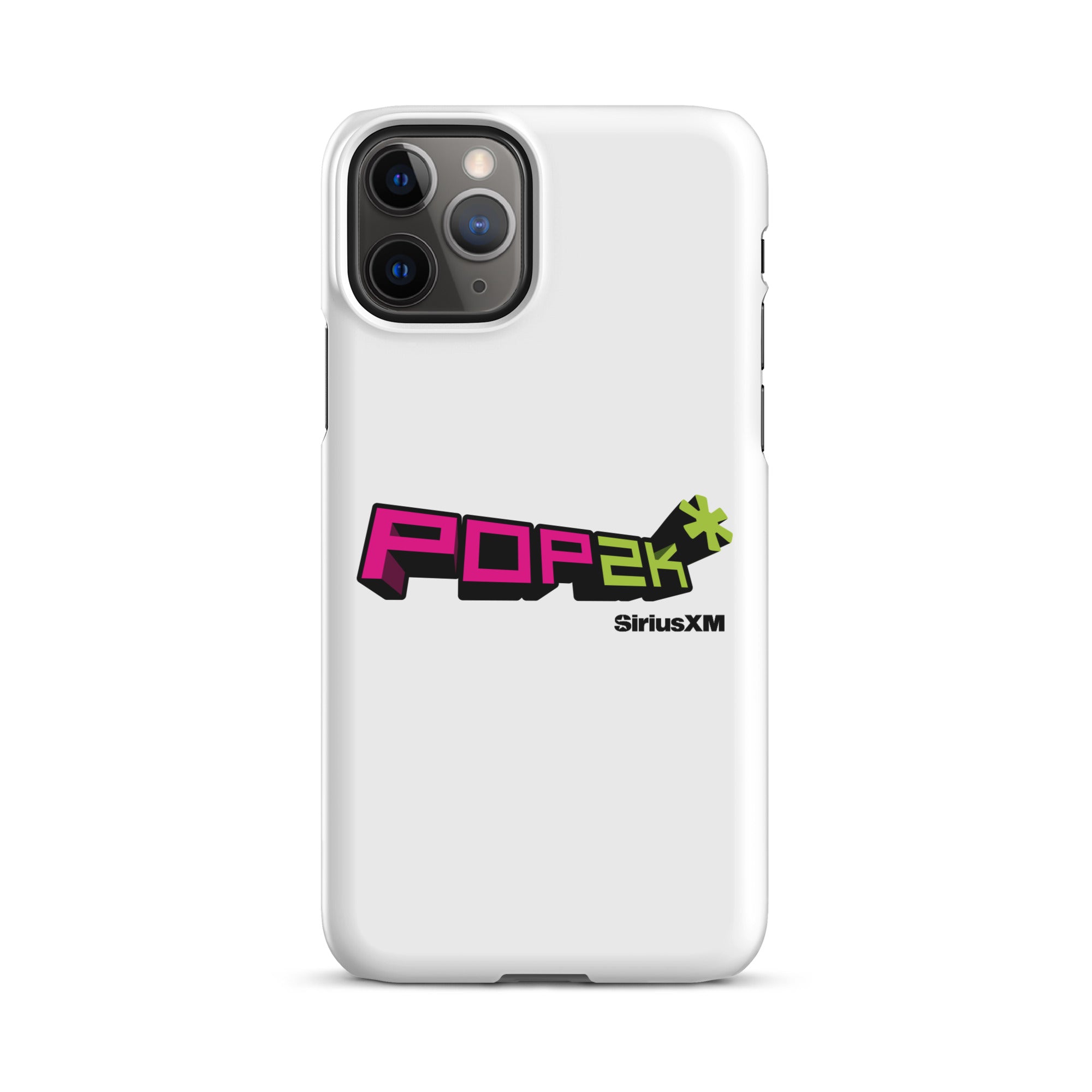 White phone case featuring the 'POP2K' logo in vibrant pink and green colors with 'SiriusXM' branding.