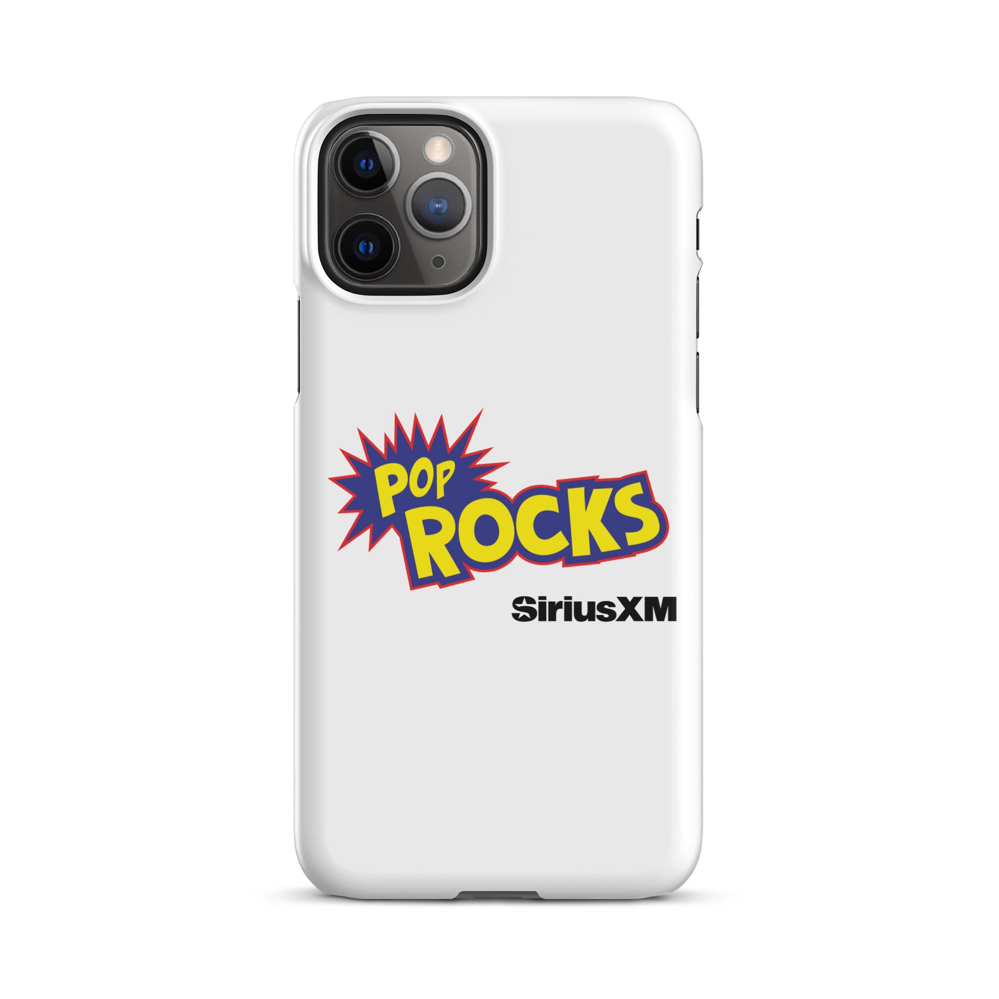 White phone case featuring 'POP ROCKS' logo with a burst design and 'SiriusXM' logo.