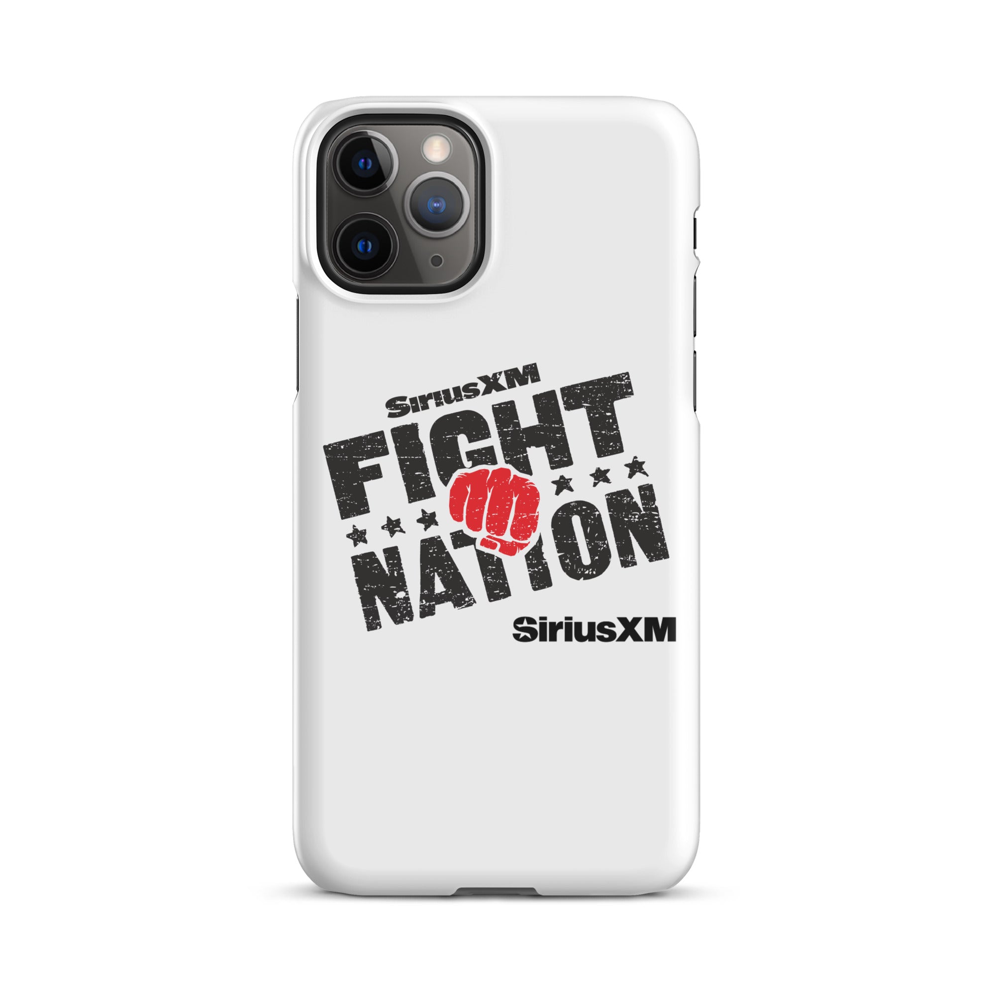 White phone case featuring 'SiriusXM FIGHT NATION' logo with a red fist and stars with 'SiriusXM' branding underneath.