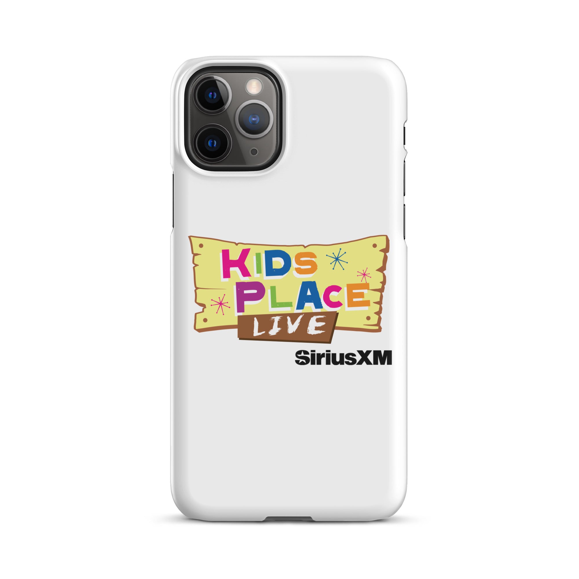 White phone case featuring 'KIDS PLACE LIVE' and 'SiriusXM' logos in colorful, playful design.