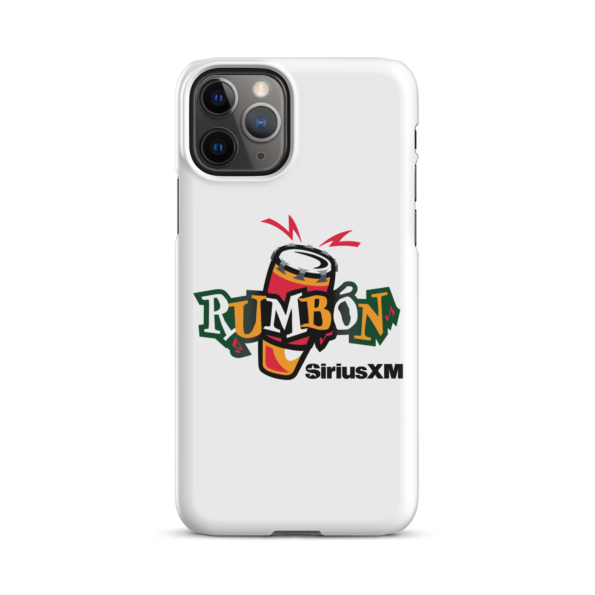 White phone case featuring 'Rumbón' logo with a conga drum and 'SiriusXM' branding.