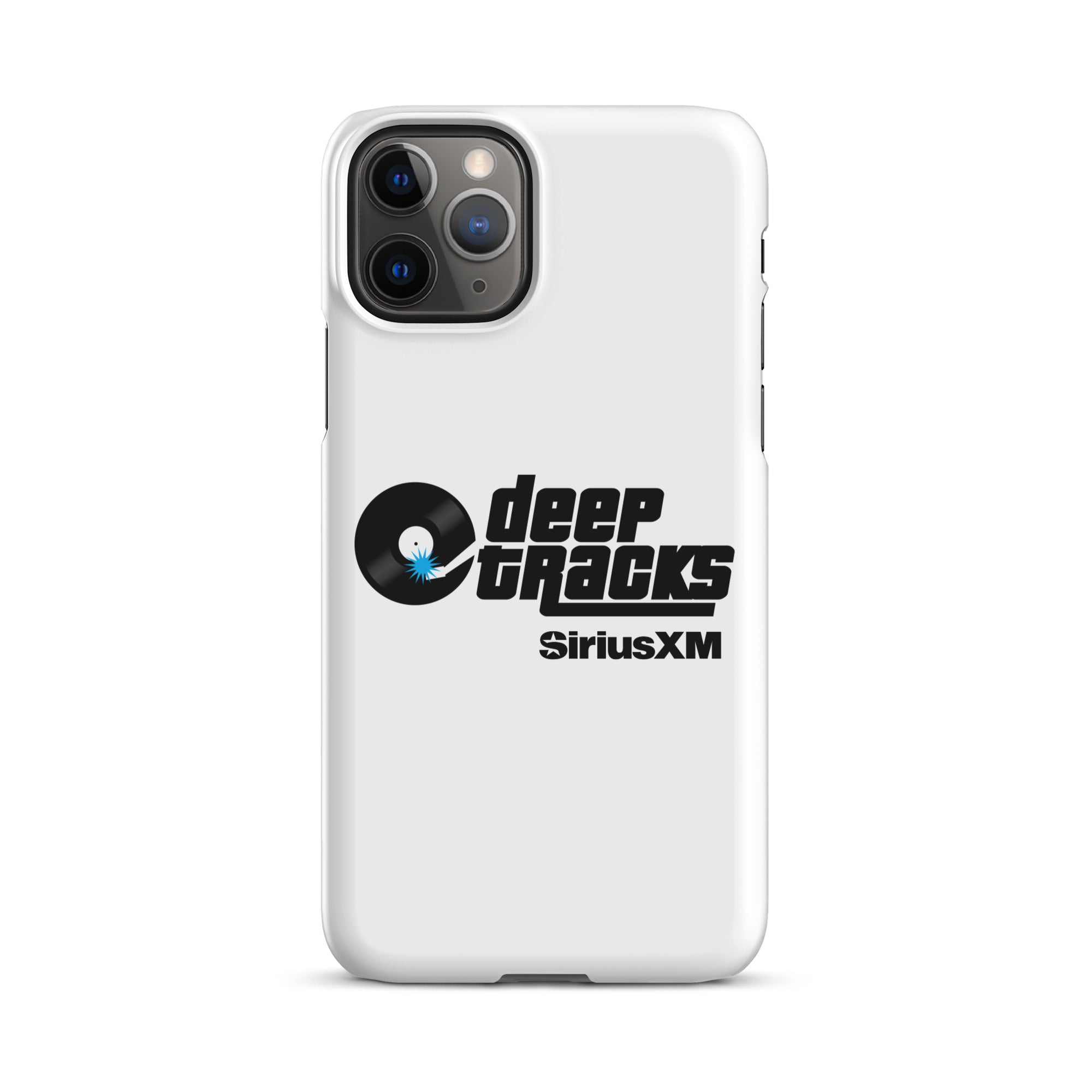 White phone case featuring 'deep TRACKS' and 'SiriusXM' logos with a vinyl record graphic.