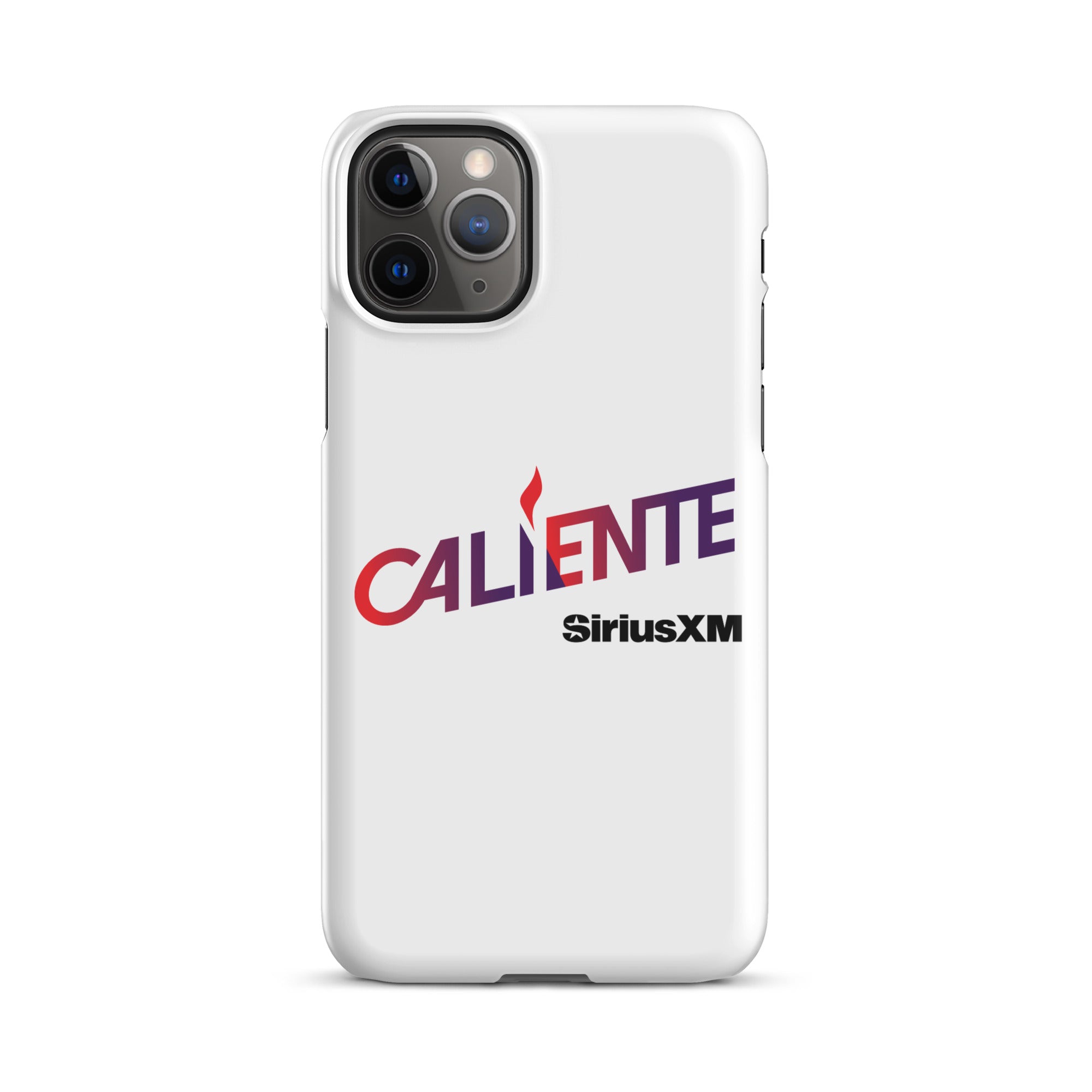 White phone case featuring 'CALIENTE' logo and 'SiriusXM' in bold lettering.