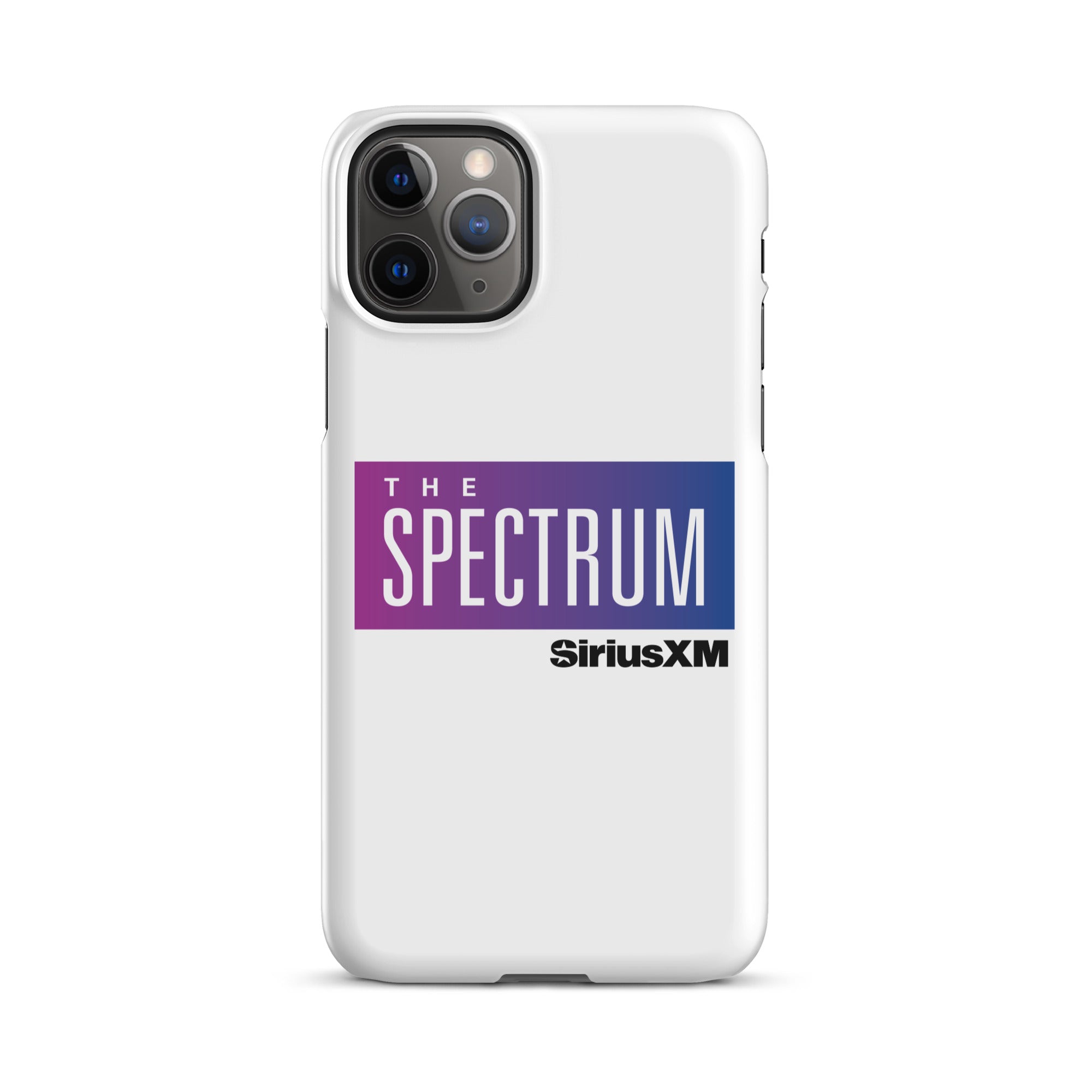 White phone case featuring 'THE SPECTRUM' logo  in gradient blue and purple.and 'SiriusXM' branding.