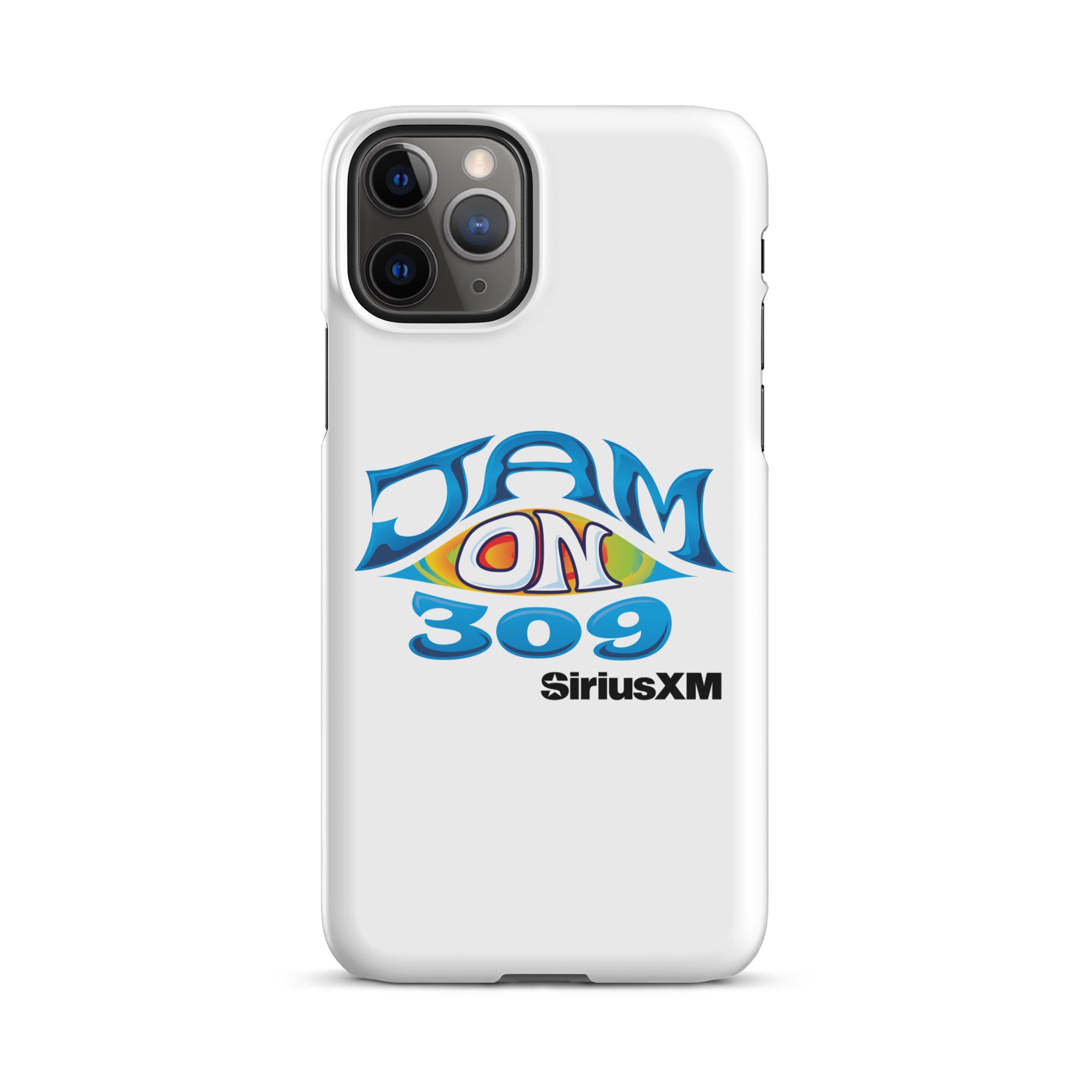 White phone case featuring the logo 'JAM ON 309' and 'SiriusXM' in colorful, stylized lettering.