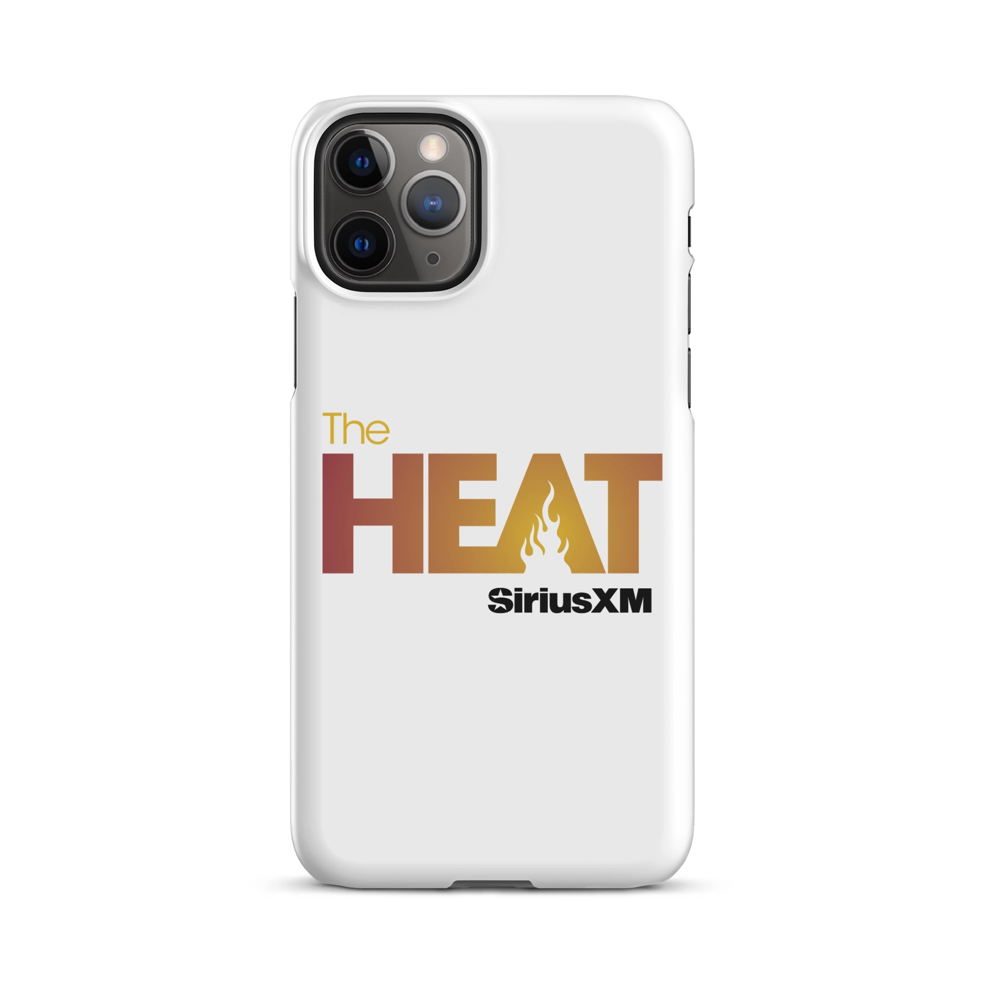 White phone case featuring 'The HEAT' text with a flame design and 'SiriusXM' logo.