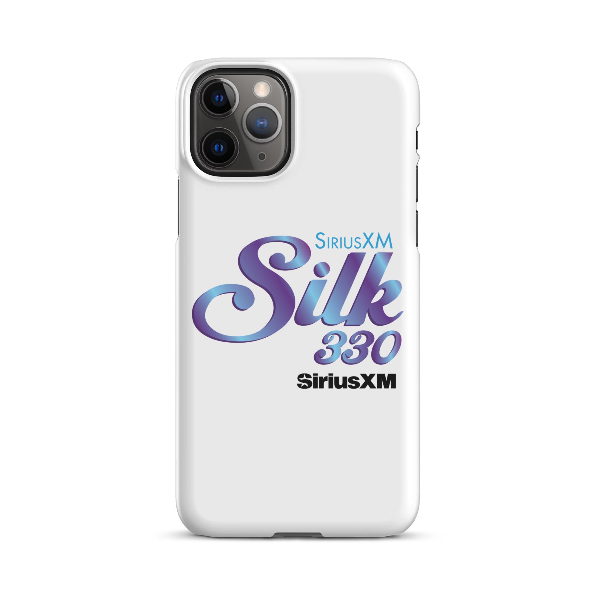 White smartphone case with 'SiriusXM Silk 330' logo in stylized purple and blue lettering and 'SiriusXM' branding.