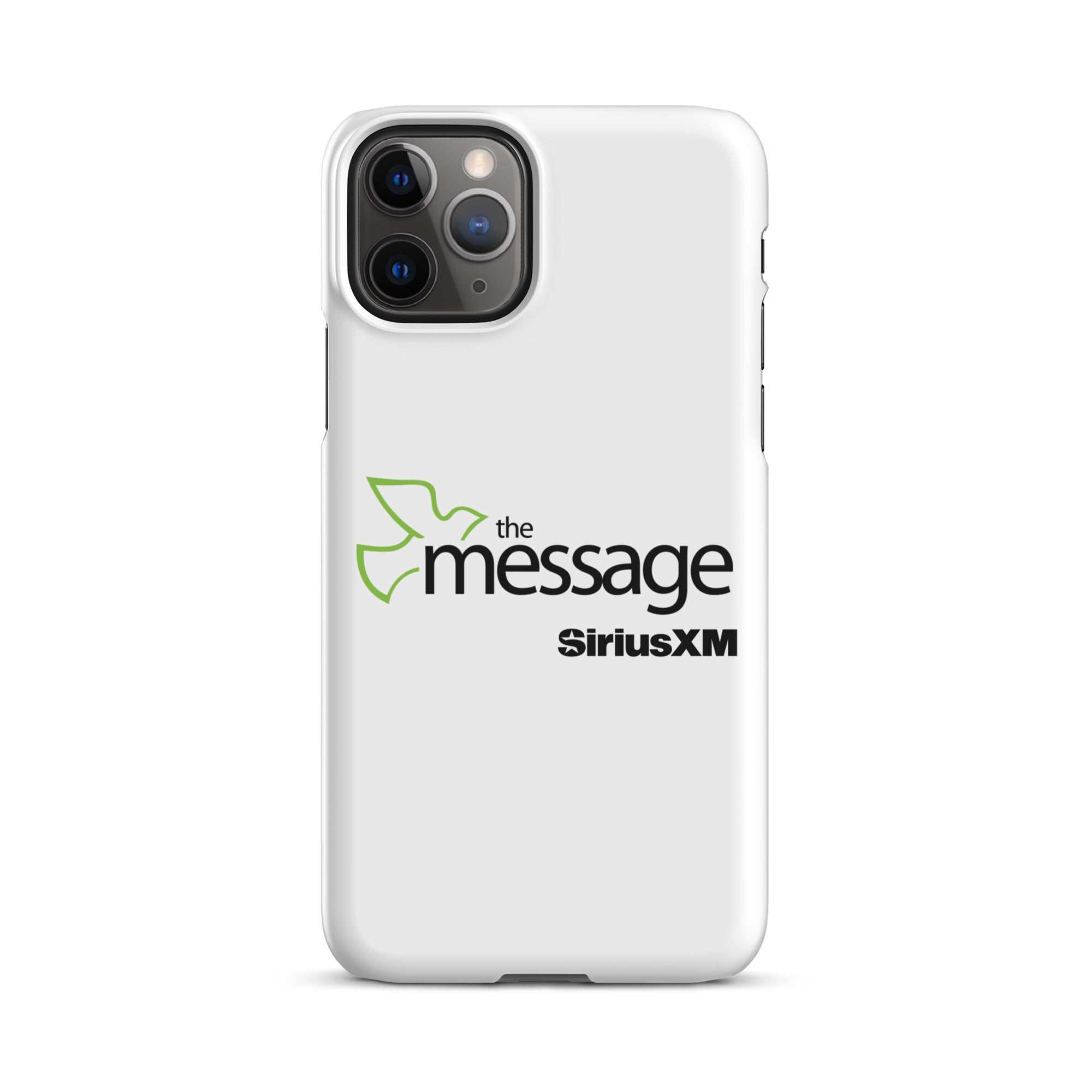 A white phone case featuring 'the message' logo with a green dove and 'SiriusXM' branding.